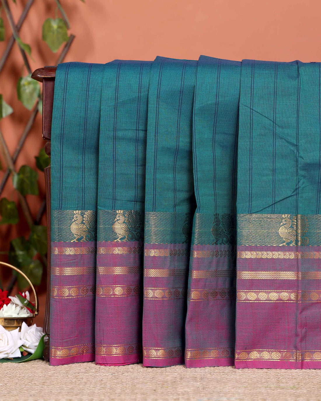 Traditional Chettinad Cotton Handloom Saree with Zari Border and Traditional Motifs -  Teal