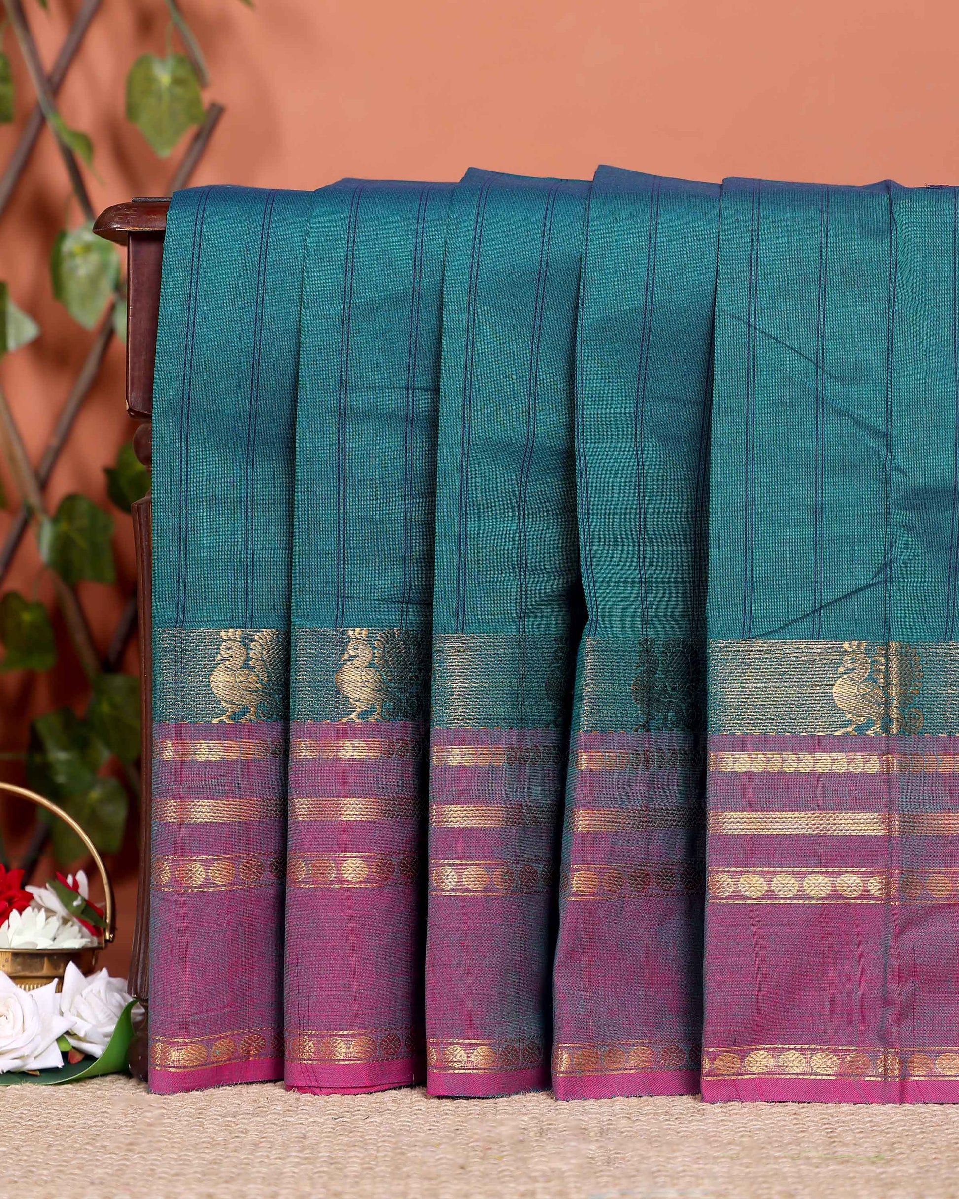 Traditional Chettinad Cotton Handloom Saree with Zari Border and Traditional Motifs -  Teal