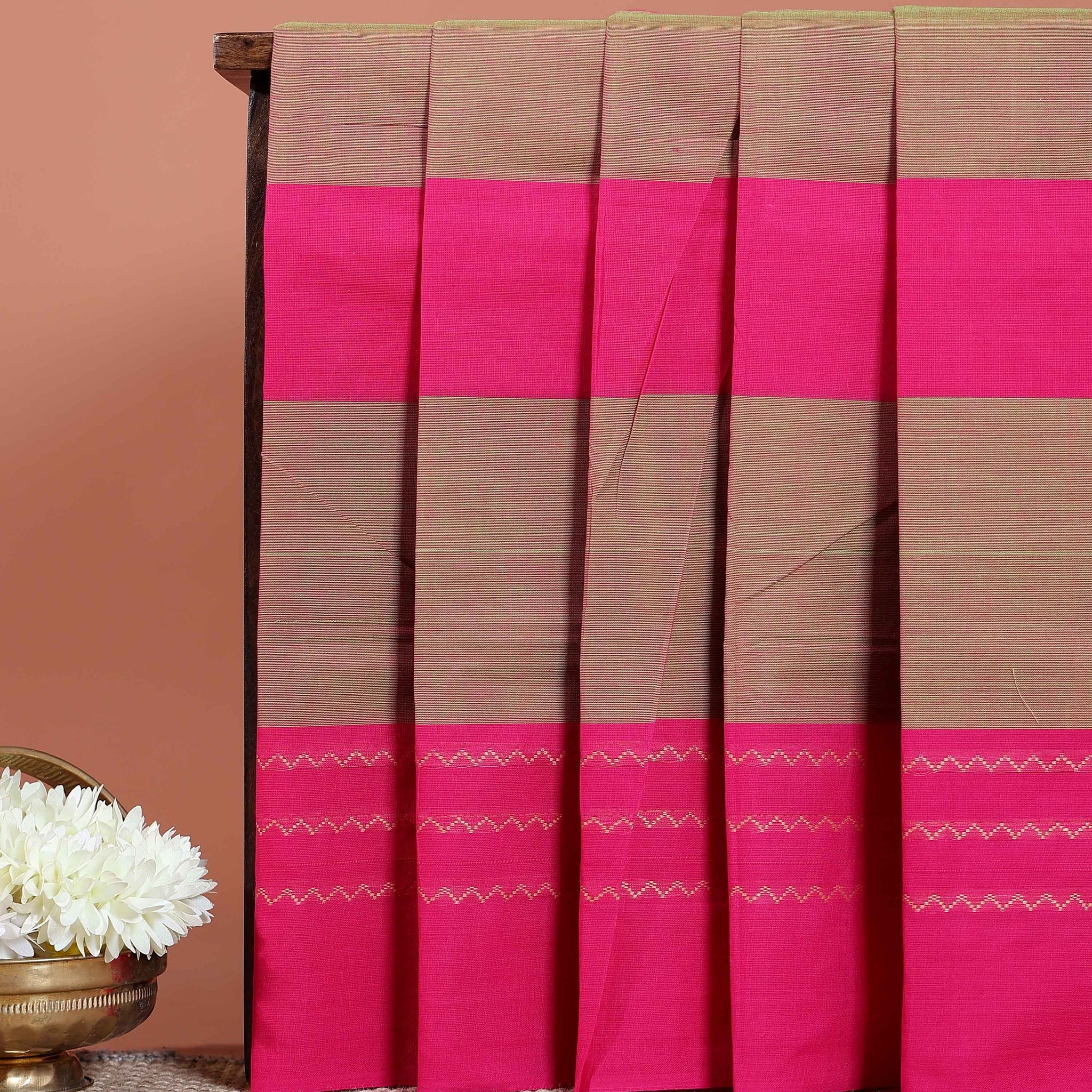 Traditional Chettinad Cotton Saree with Bold Checked Pattern and Contrast Woven Border - Olive Green