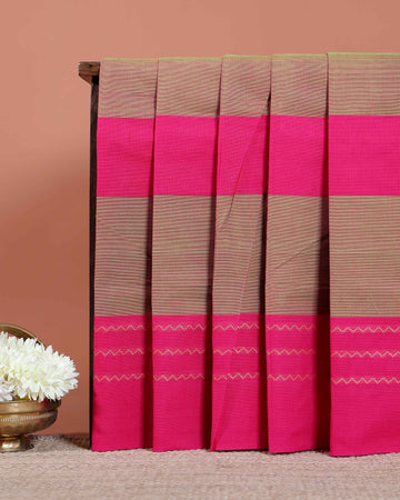 Traditional Chettinad Cotton Saree with Bold Checked Pattern and Contrast Woven Border - Olive Green