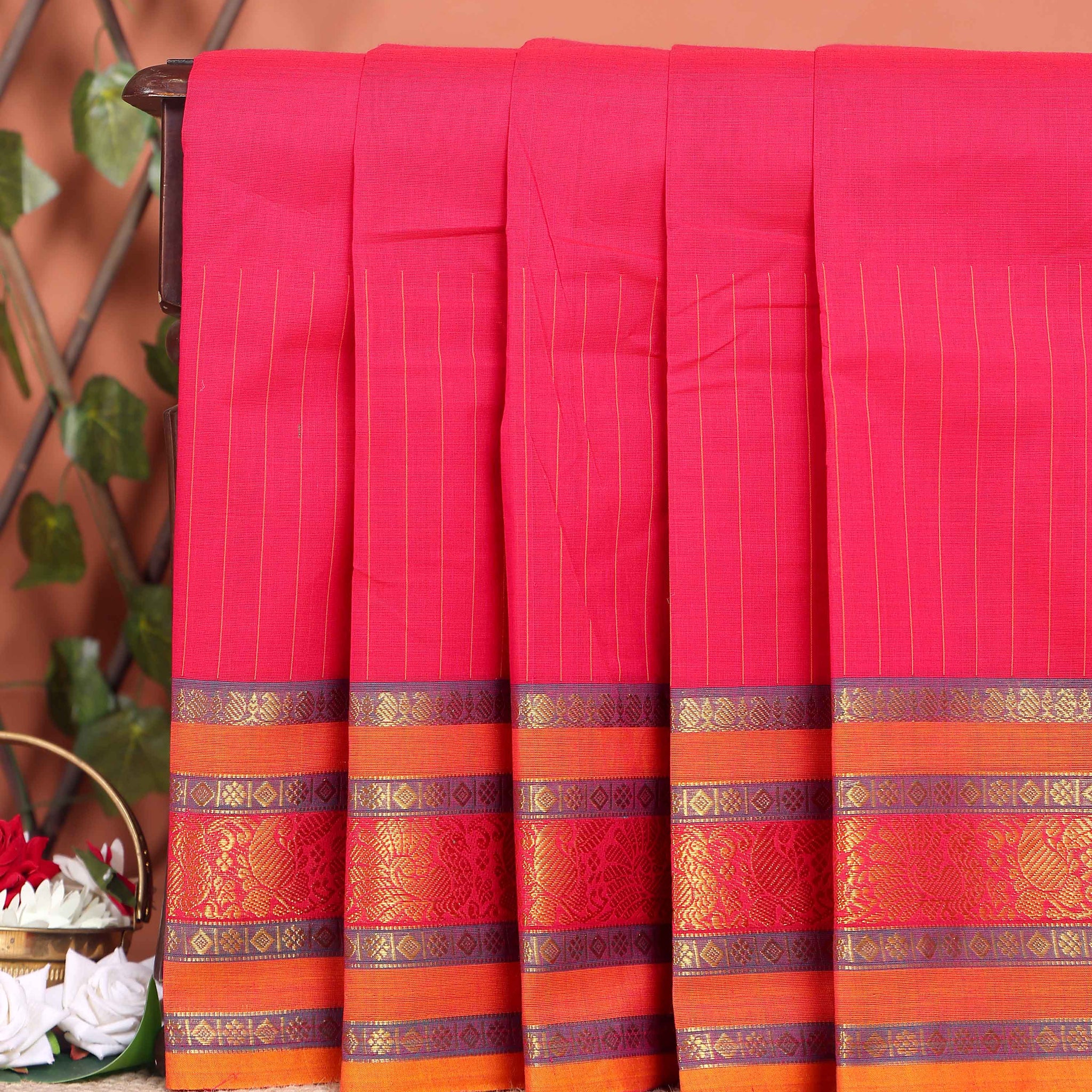 Traditional Chettinad Cotton Saree with Contrast Border and Grid Pattern - Pink