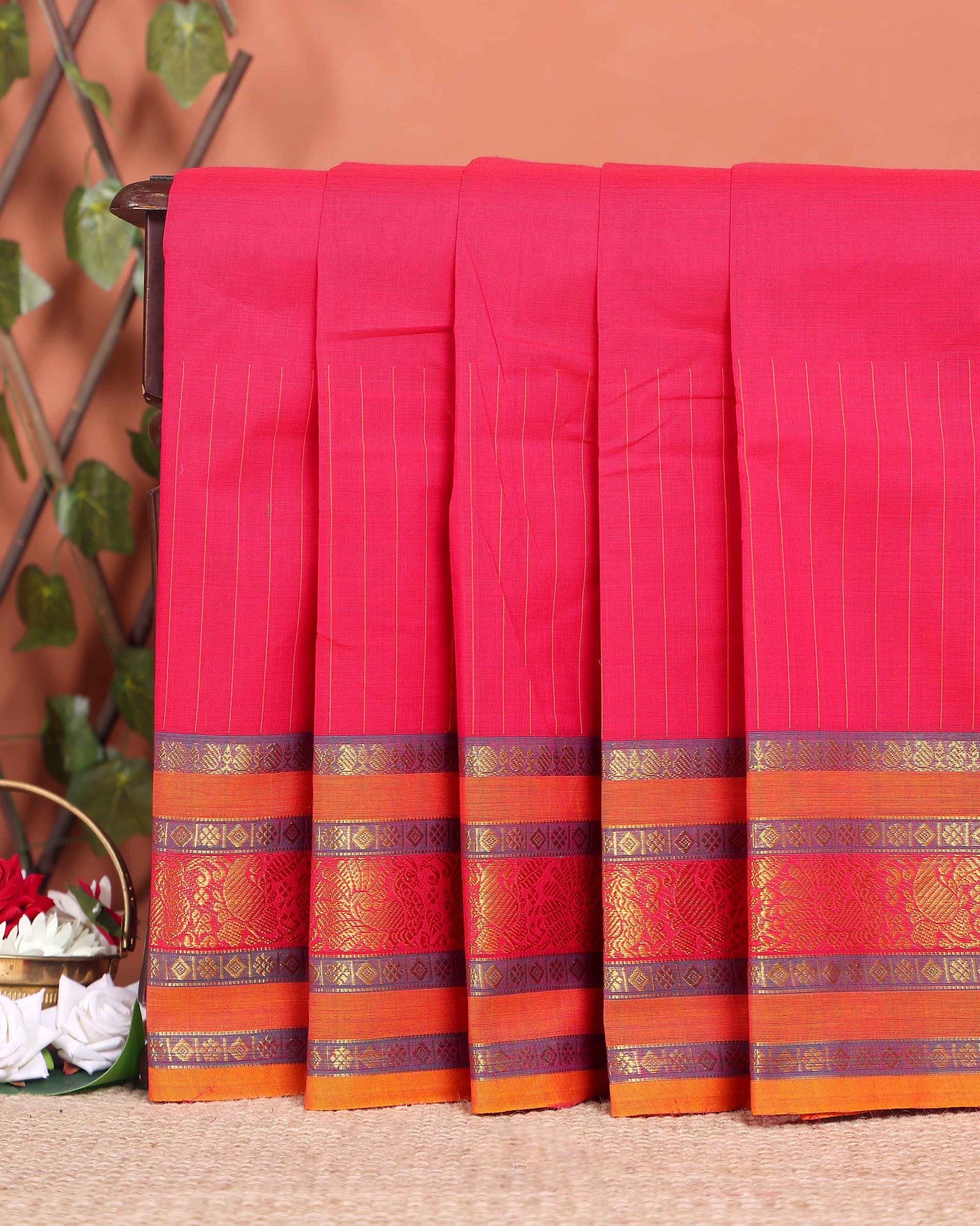 Traditional Chettinad Cotton Saree with Contrast Border and Grid Pattern - Pink