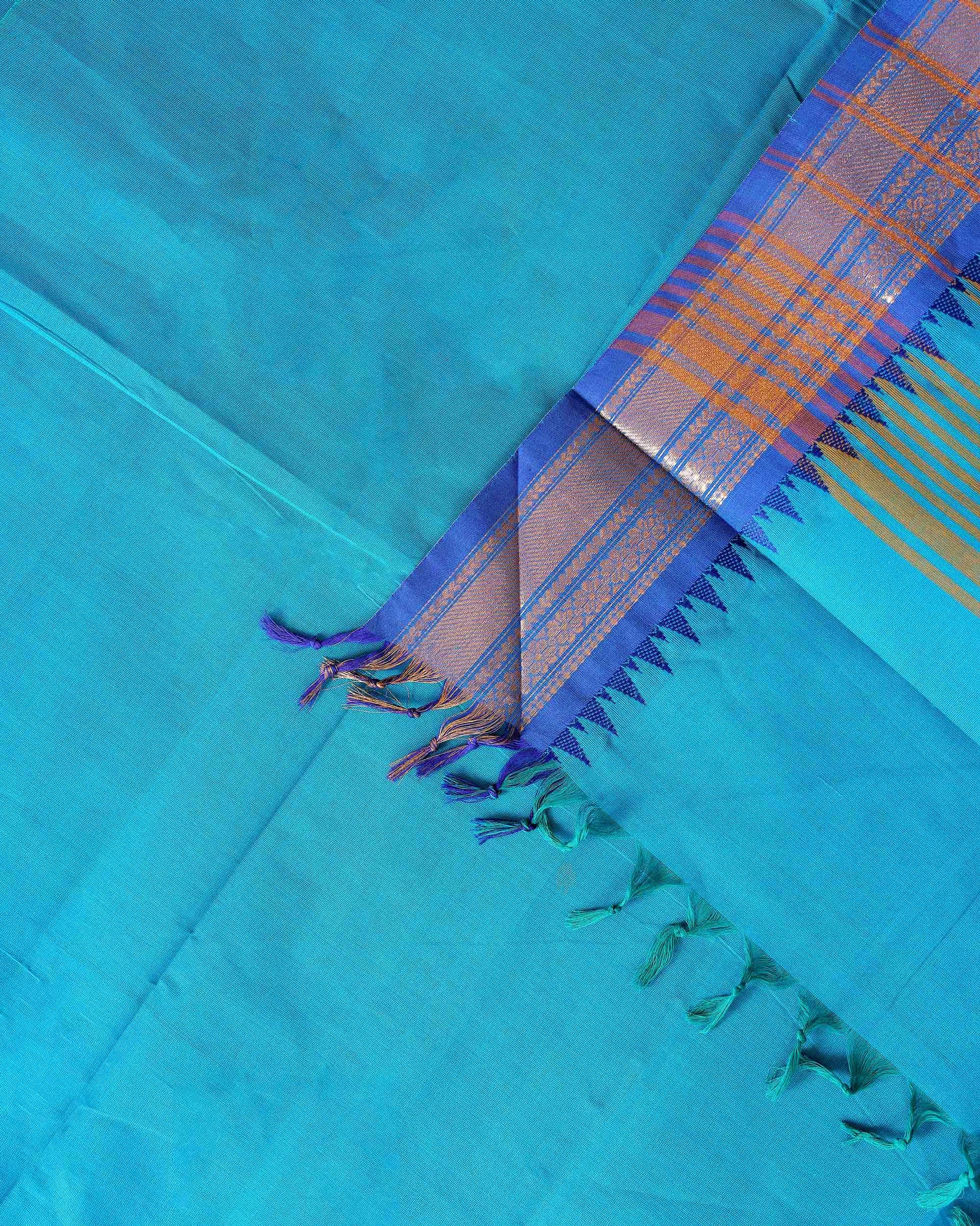 Traditional Chettinad Cotton Saree with Contrast Temple Border & Zari Detailing - Blue