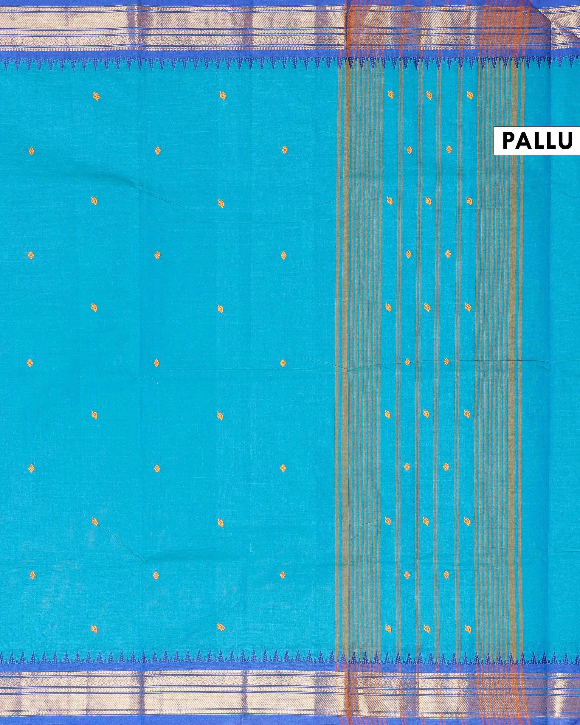 Traditional Chettinad Cotton Saree with Contrast Temple Border & Zari Detailing - Blue