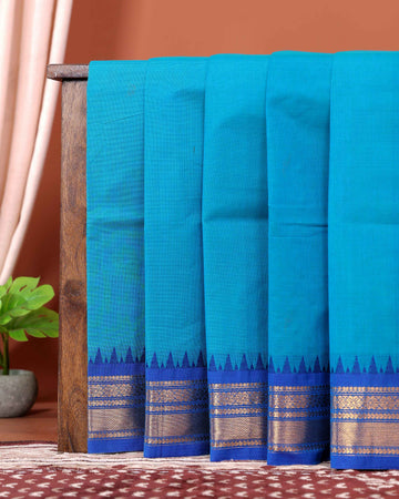 Traditional Chettinad Cotton Saree with Contrast Temple Border & Zari Detailing - Blue