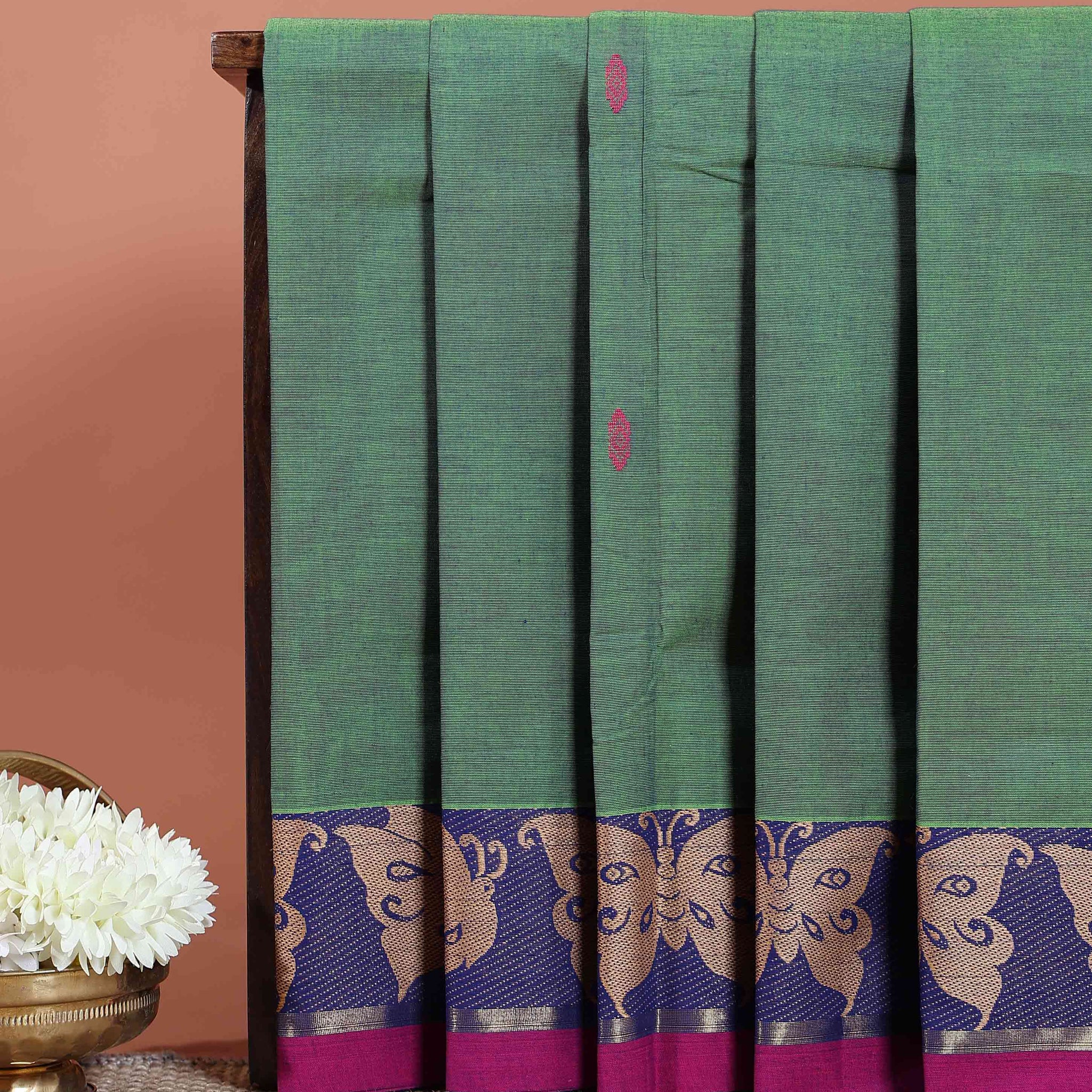 Traditional Chettinad Cotton Saree with Contrast Woven Temple Border and Motif Design - Green