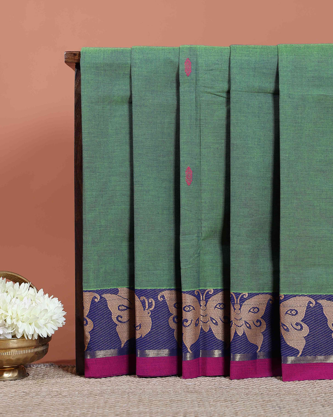 Traditional Chettinad Cotton Saree with Contrast Woven Temple Border and Motif Design - Green