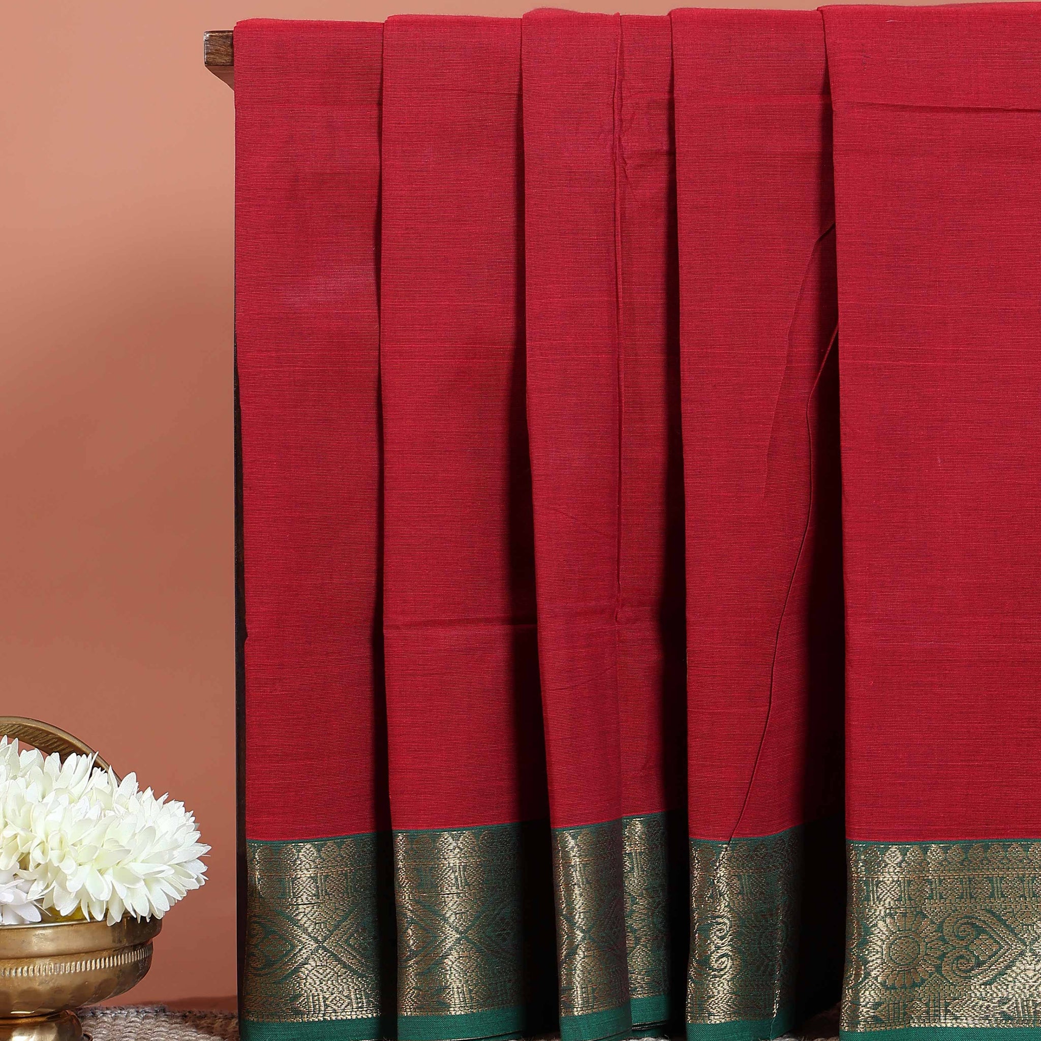 Traditional Chettinad Cotton Saree with  Contrast Zari Woven Border and Classic Solid Body - Maroon