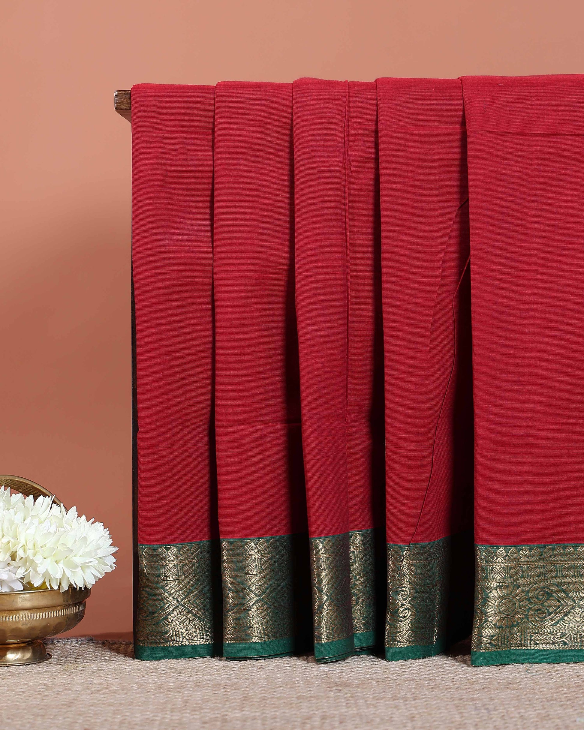Traditional Chettinad Cotton Saree with  Contrast Zari Woven Border and Classic Solid Body - Maroon