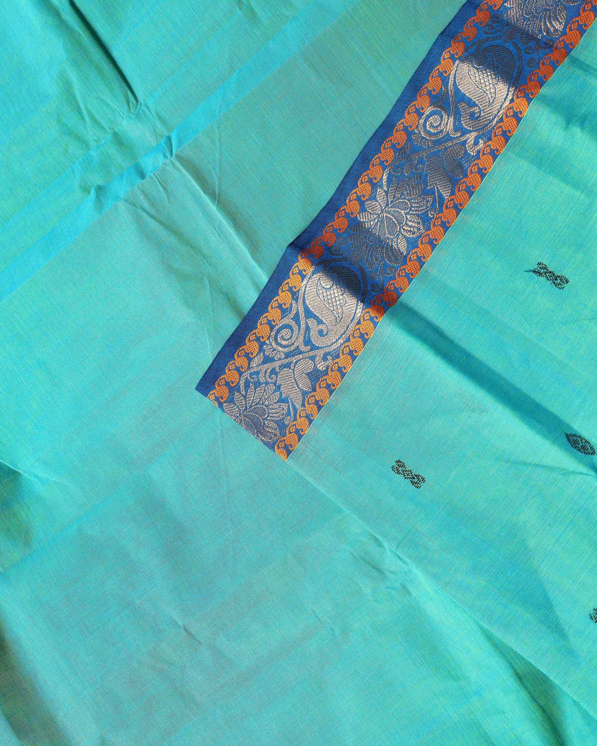 Traditional Chettinad Cotton Saree with Contrast Zari Woven Border and Fine Handloom Weave - Blue