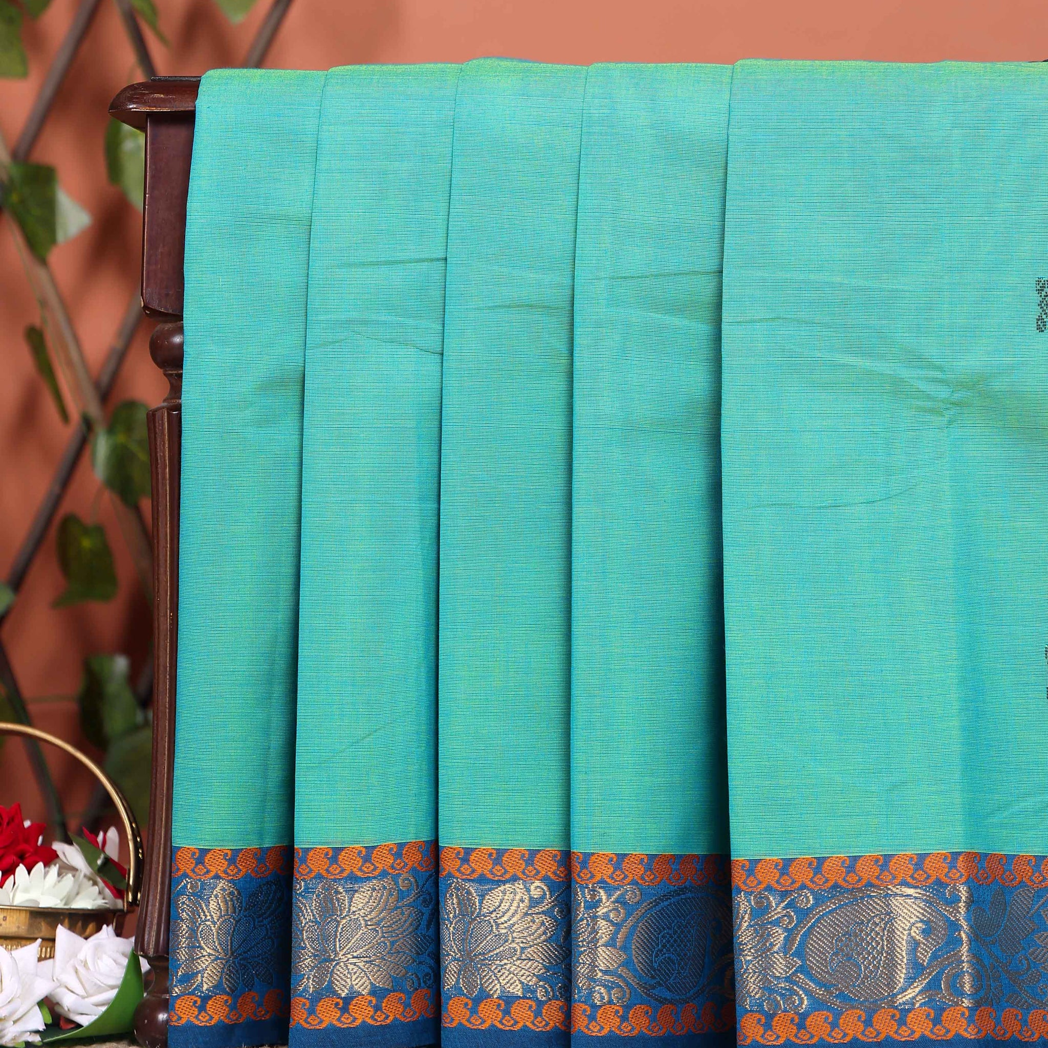 Traditional Chettinad Cotton Saree with Contrast Zari Woven Border and Fine Handloom Weave - Blue
