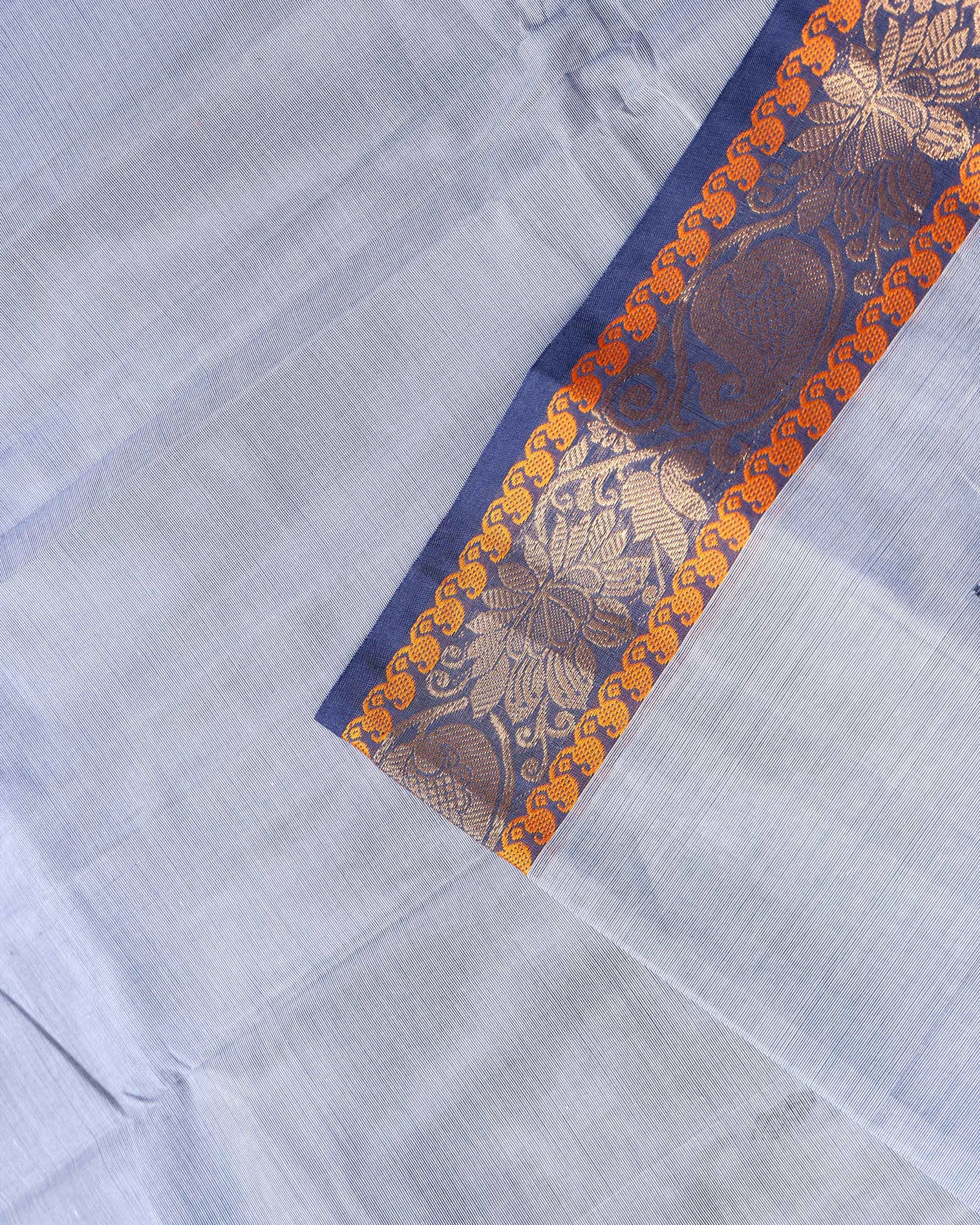 Traditional Chettinad Cotton Saree with Contrast Zari Woven Border and Fine Handloom Weave - Grey