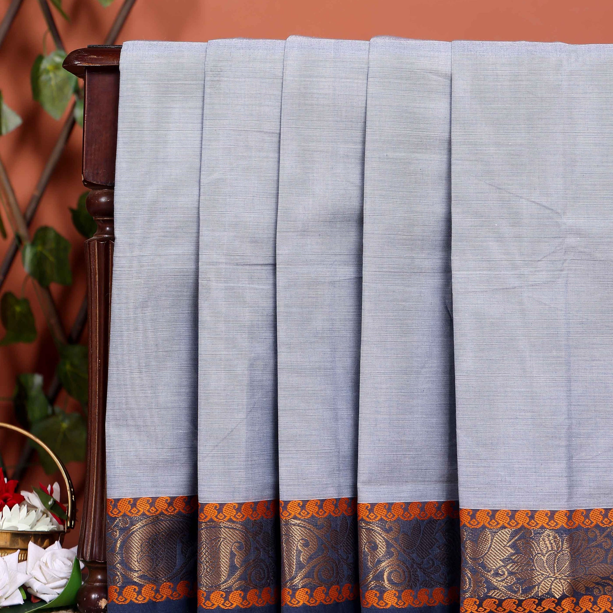Traditional Chettinad Cotton Saree with Contrast Zari Woven Border and Fine Handloom Weave - Grey