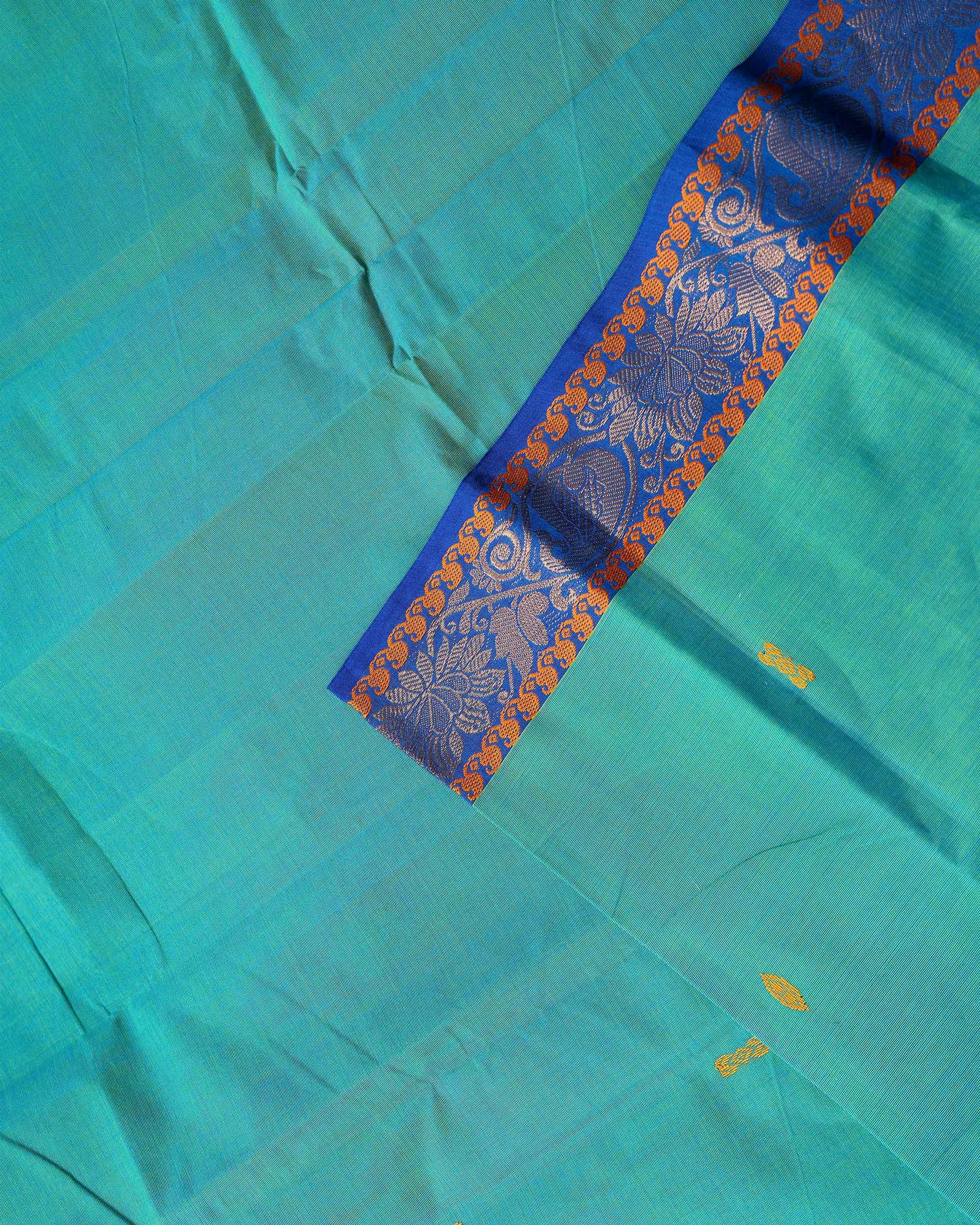 Traditional Chettinad Cotton Saree with Contrast Zari Woven Border and Handloom Weave - Blue-head