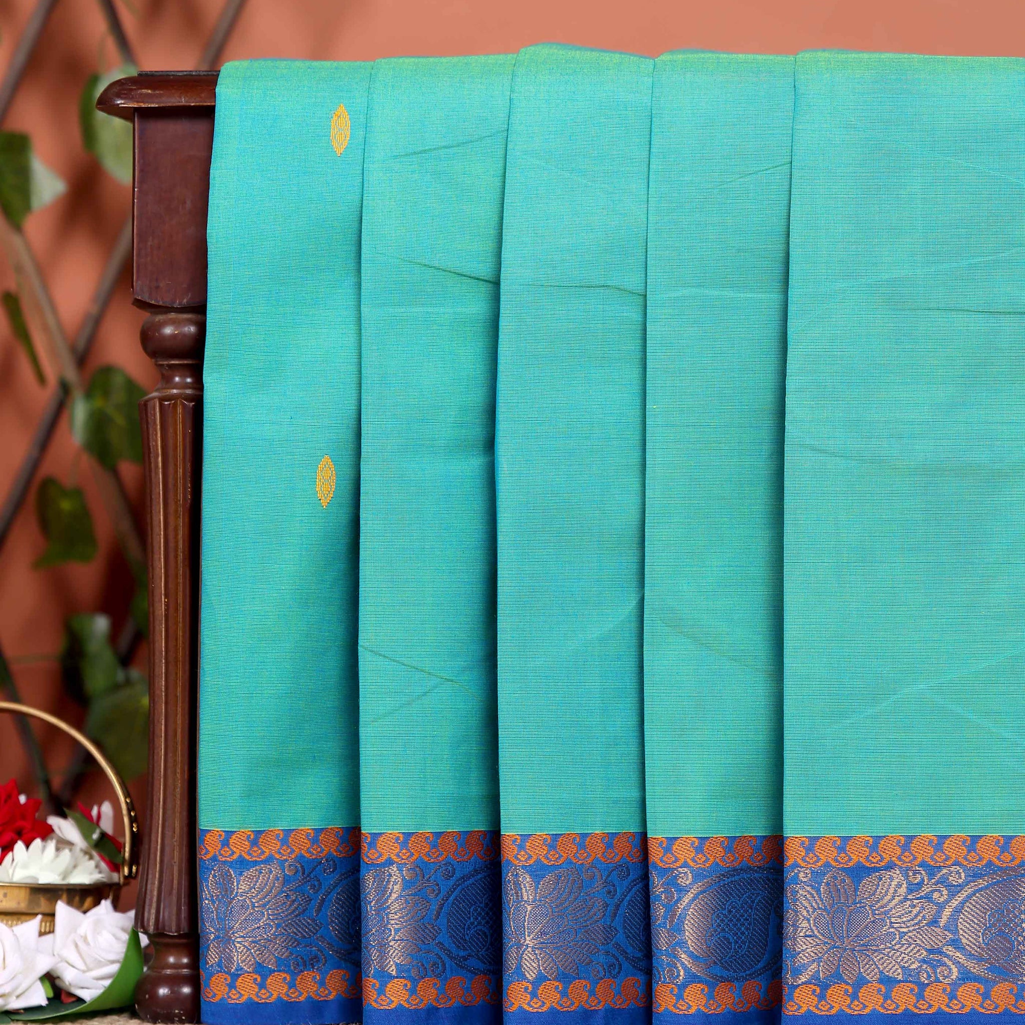 Traditional Chettinad Cotton Saree with Contrast Zari Woven Border and Handloom Weave - Blue