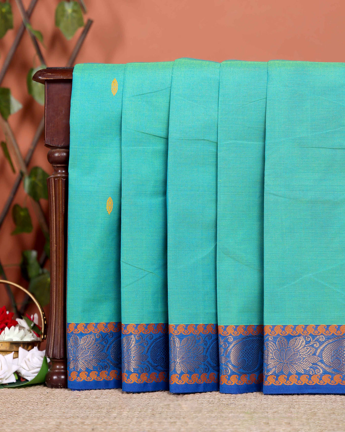 Traditional Chettinad Cotton Saree with Contrast Zari Woven Border and Handloom Weave - Blue