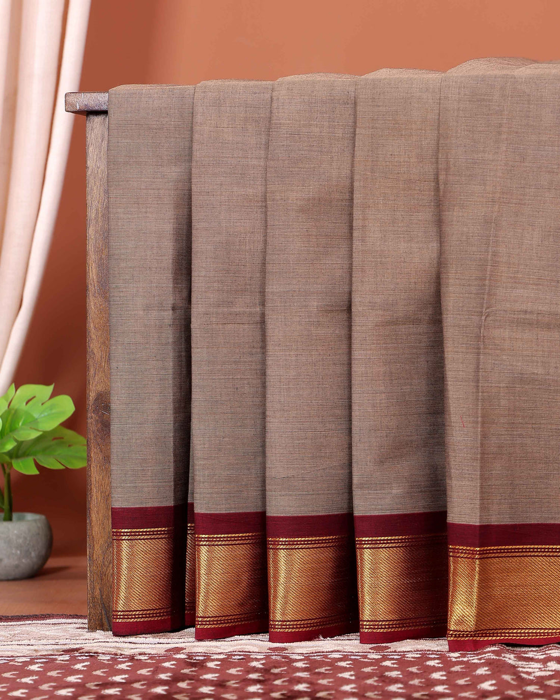 Traditional Chettinad Cotton Saree with Elegant Zari Border Plain Body Weave - Brown