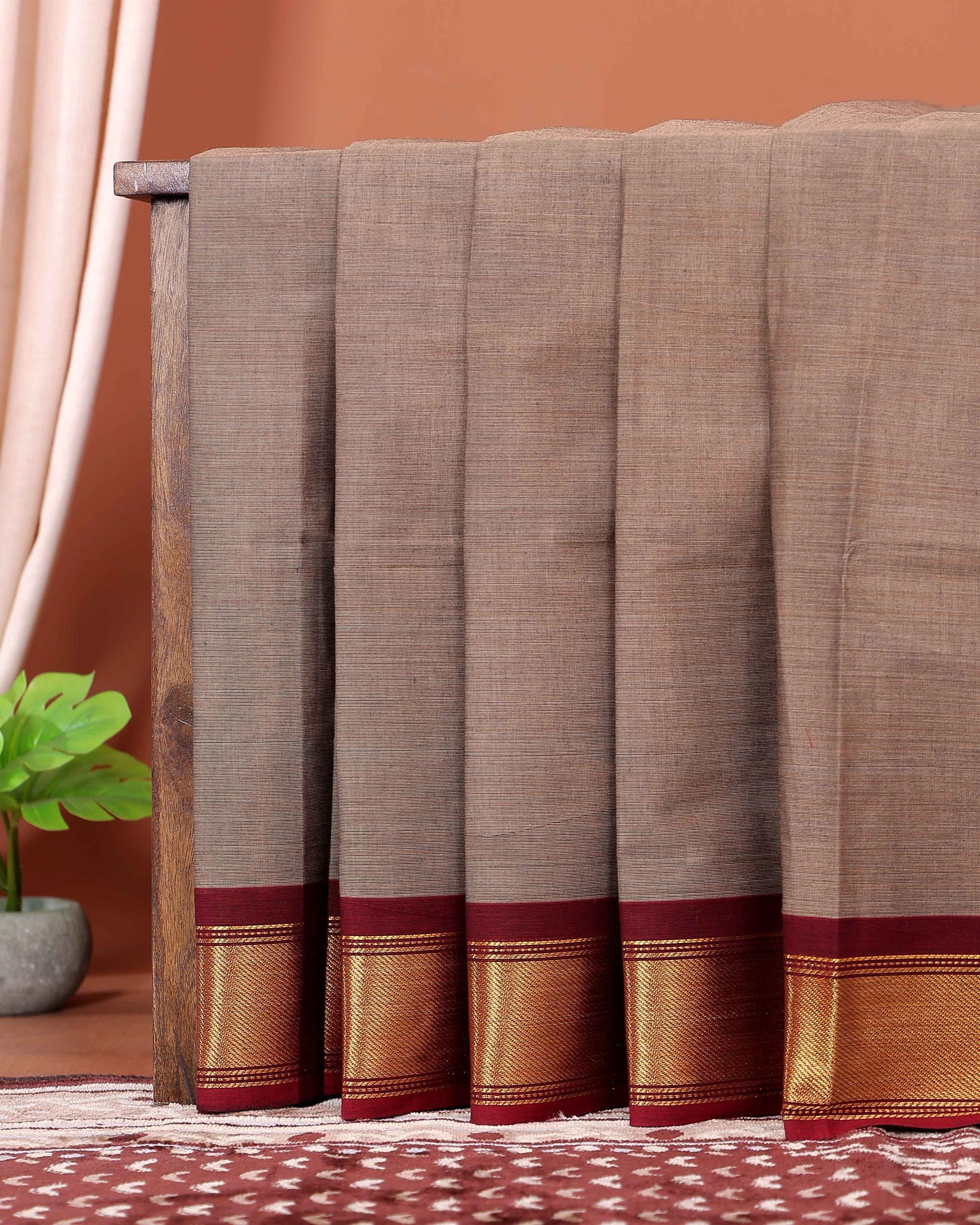 Traditional Chettinad Cotton Saree with Elegant Zari Border Plain Body Weave - Brown