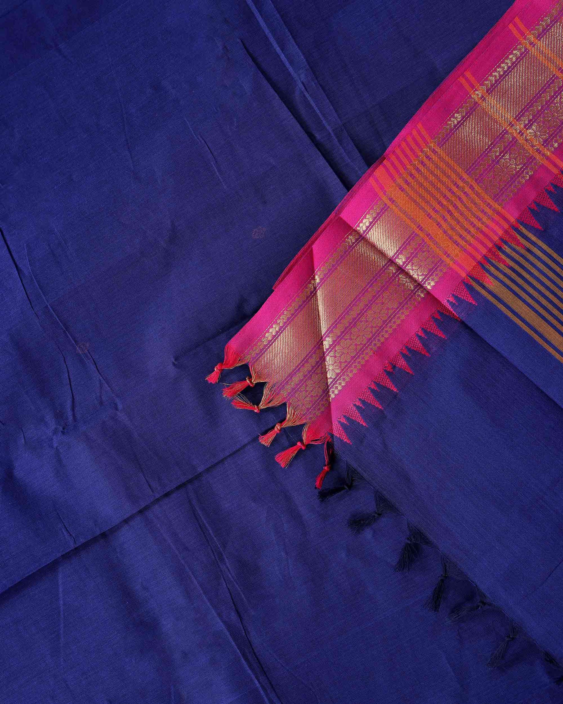 Traditional Chettinad Cotton Saree with Elegant Zari Border Plain Body Weave - Dark Blue