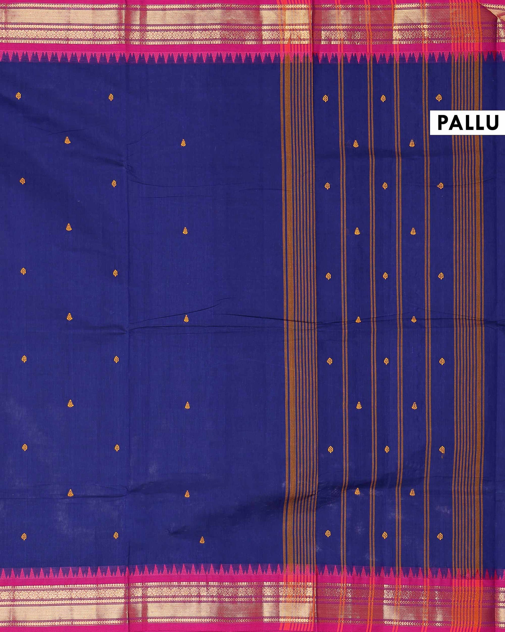 Traditional Chettinad Cotton Saree with Elegant Zari Border Plain Body Weave - Dark Blue
