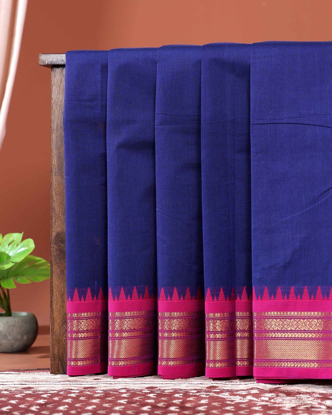 Traditional Chettinad Cotton Saree with Elegant Zari Border Plain Body Weave - Dark Blue