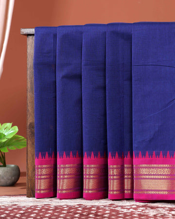 Traditional Chettinad Cotton Saree with Elegant Zari Border Plain Body Weave - Dark Blue