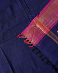 Traditional Chettinad Cotton Saree with Elegant Zari Border Plain Body Weave - Navy Blue