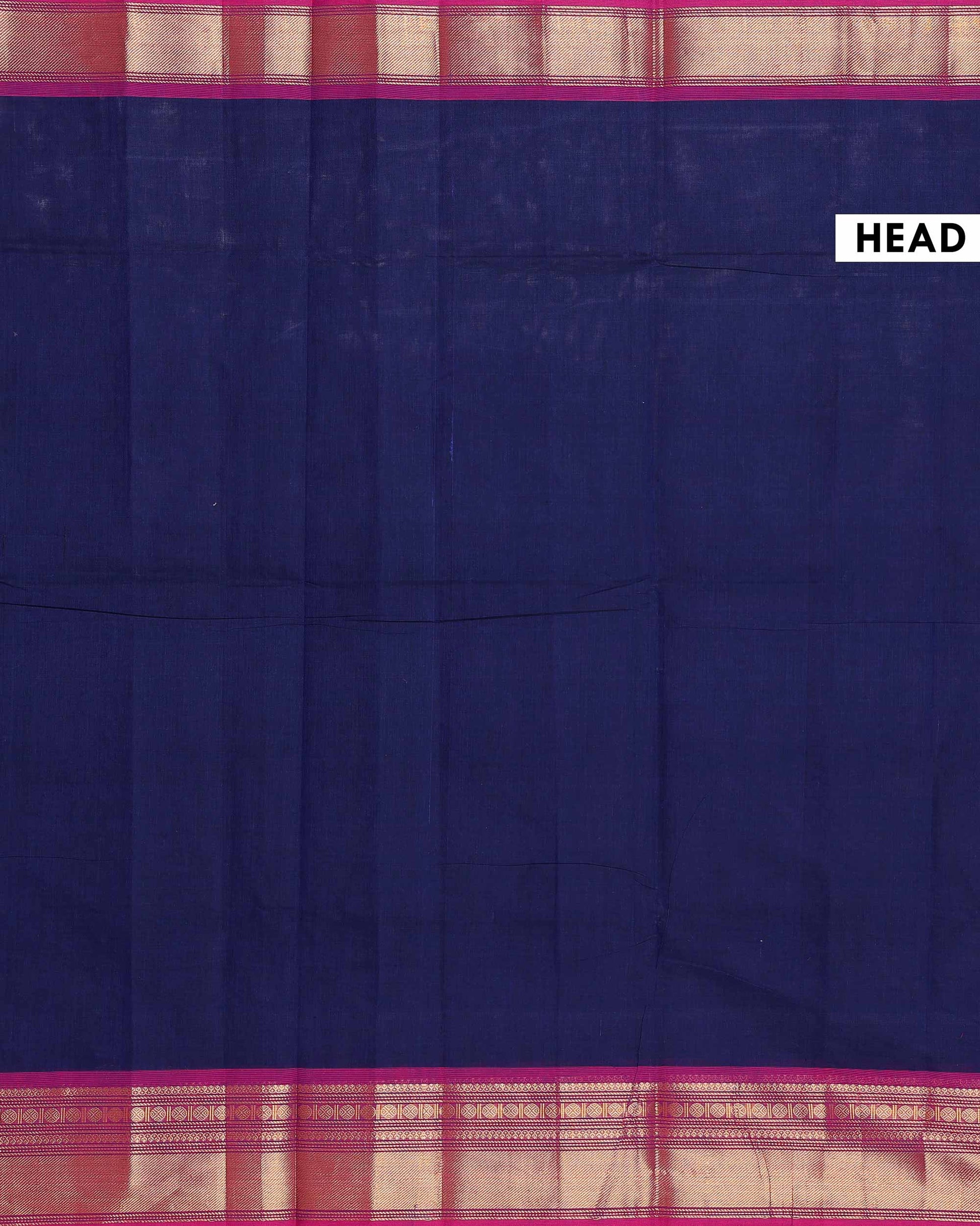 Traditional Chettinad Cotton Saree with Elegant Zari Border Plain Body Weave - Navy Blue