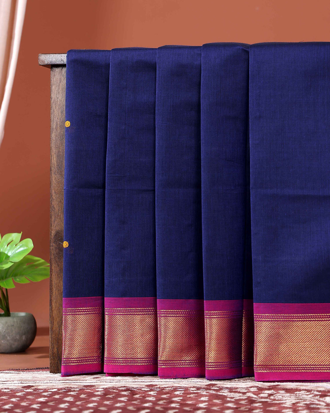 Traditional Chettinad Cotton Saree with Elegant Zari Border Plain Body Weave - Navy Blue