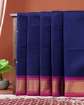 Traditional Chettinad Cotton Saree with Elegant Zari Border Plain Body Weave - Navy Blue