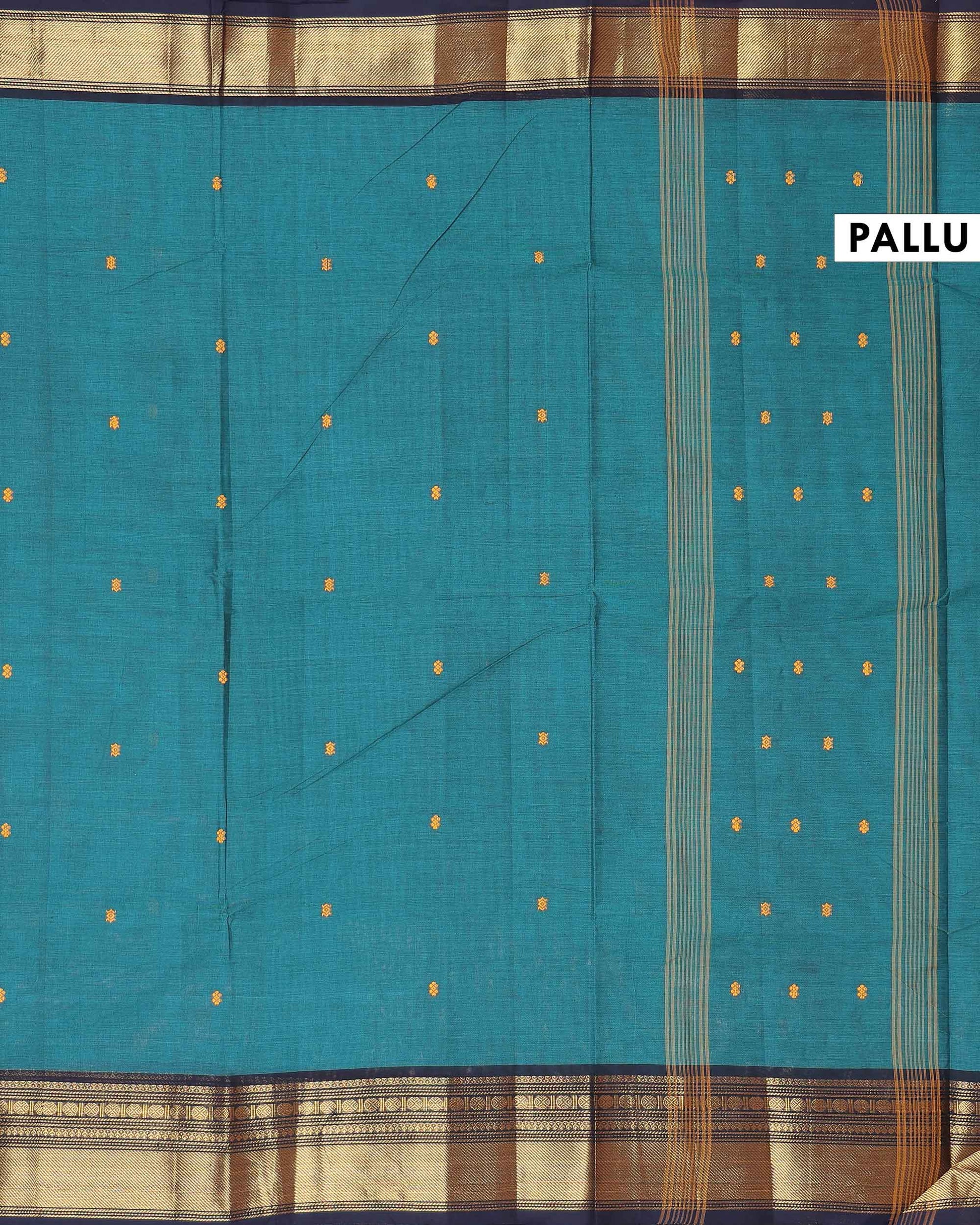 Traditional Chettinad Cotton Saree with Elegant Zari Border Plain Body Weave - Teal