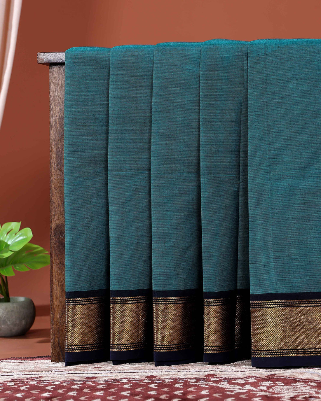 Traditional Chettinad Cotton Saree with Elegant Zari Border Plain Body Weave - Teal