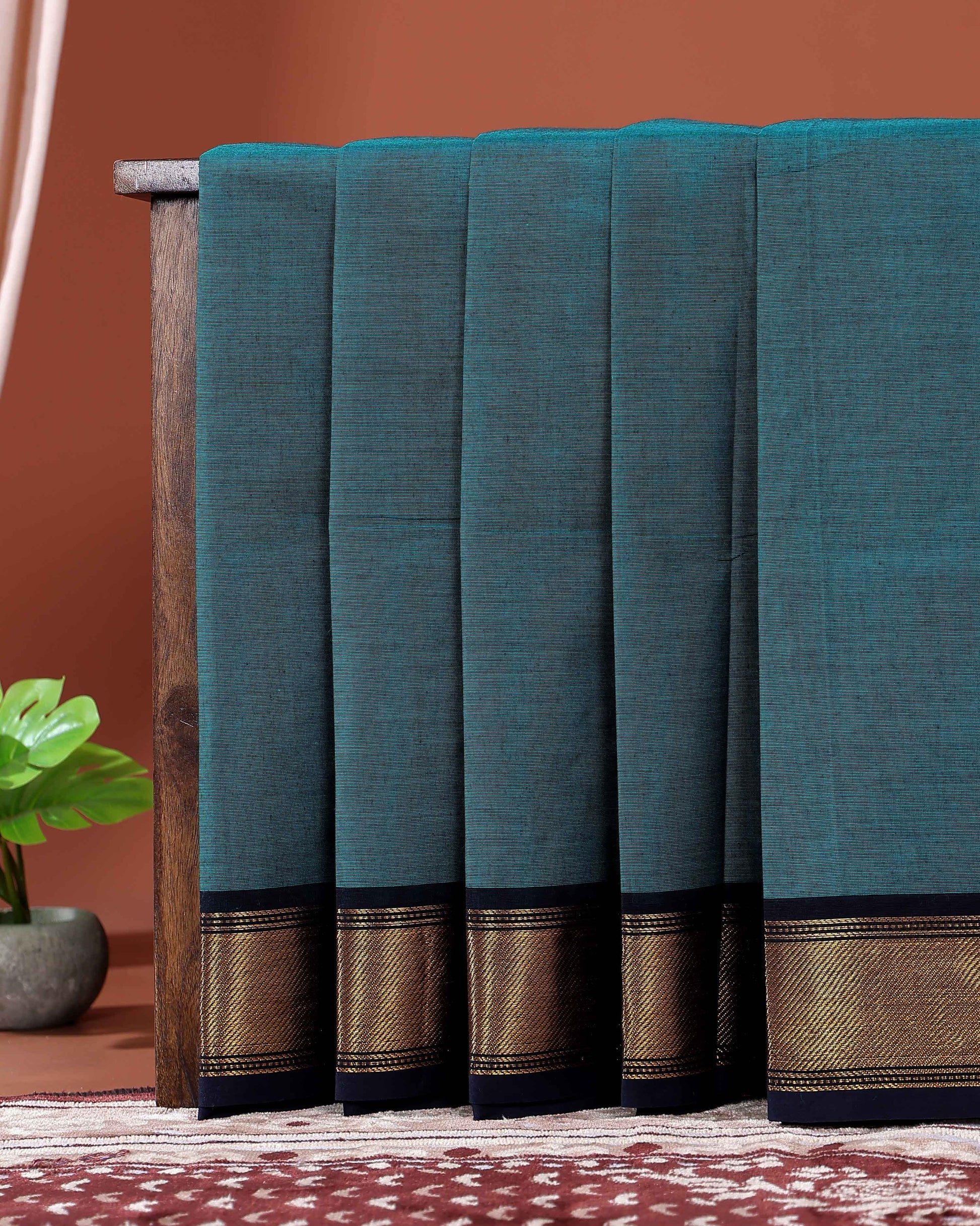 Traditional Chettinad Cotton Saree with Elegant Zari Border Plain Body Weave - Teal