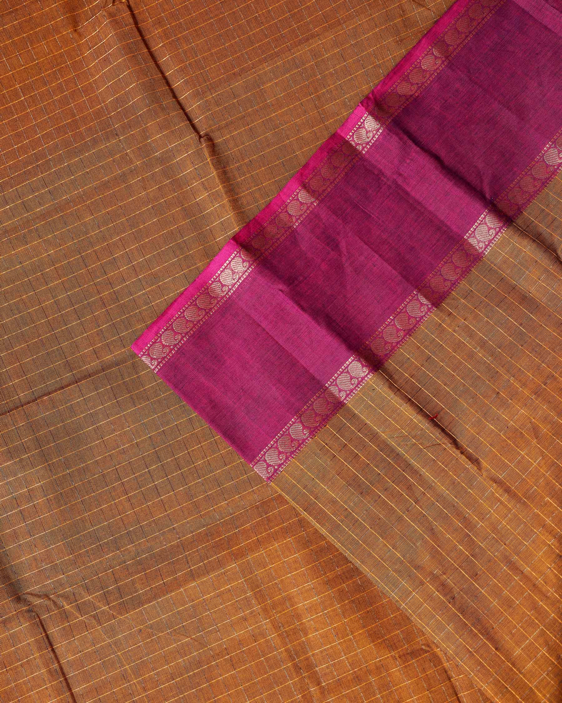 Traditional Chettinad Cotton Saree with Grid Pattern and Contrast Border - Brown-Close