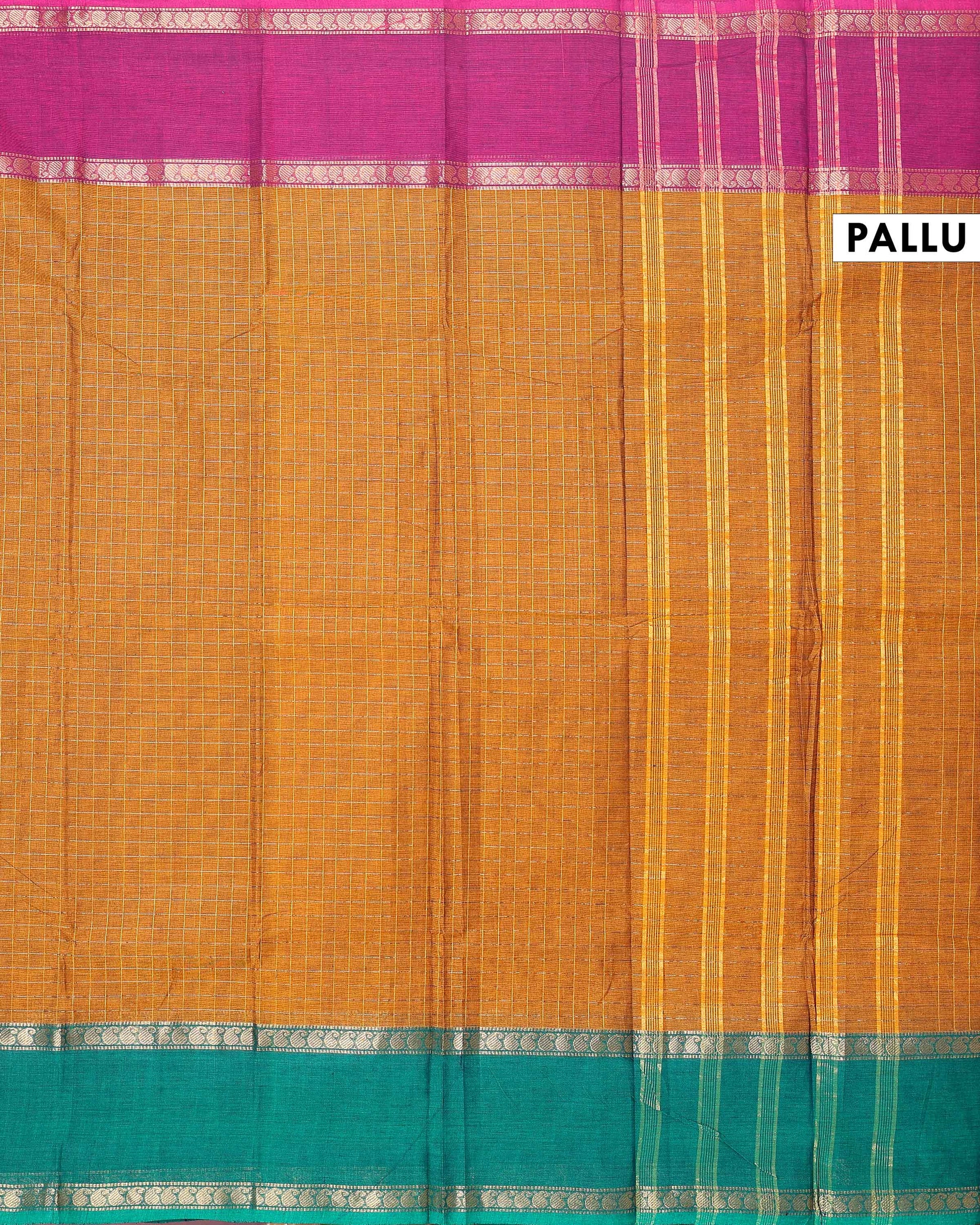 Traditional Chettinad Cotton Saree with Grid Pattern and Contrast Border - Brown-Pallu
