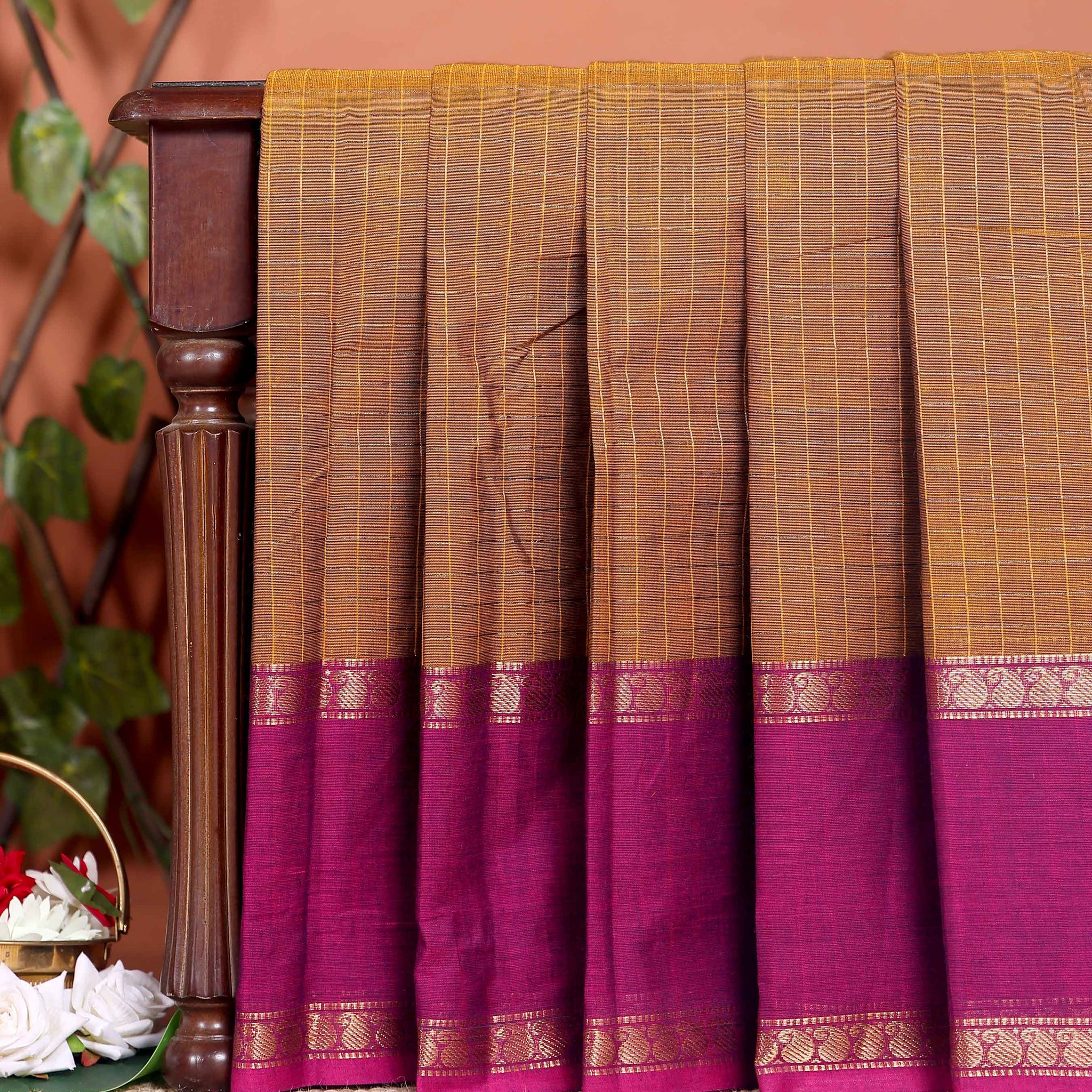 Traditional Chettinad Cotton Saree with Grid Pattern and Contrast Border - Brown