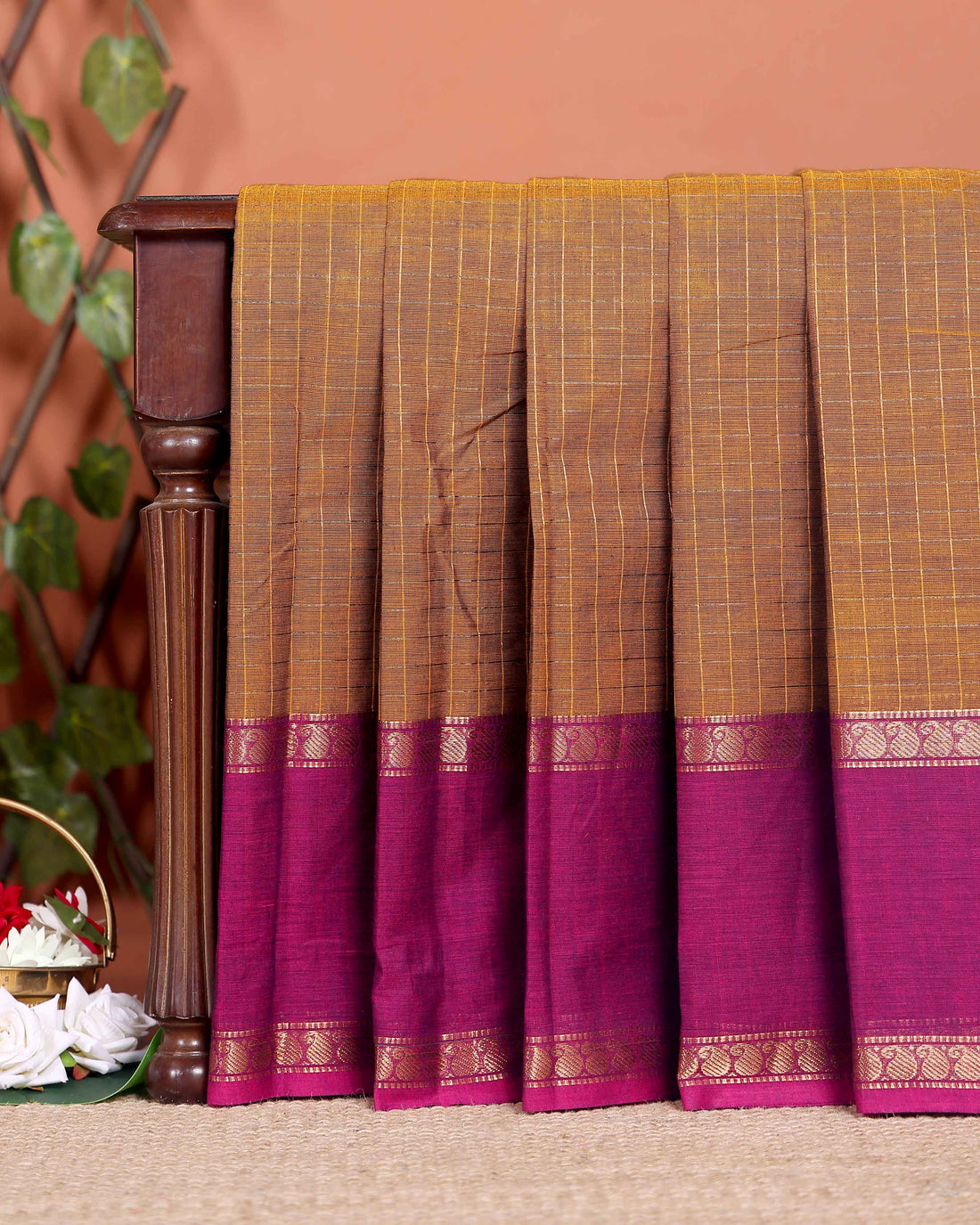 Traditional Chettinad Cotton Saree with Grid Pattern and Contrast Border - Brown