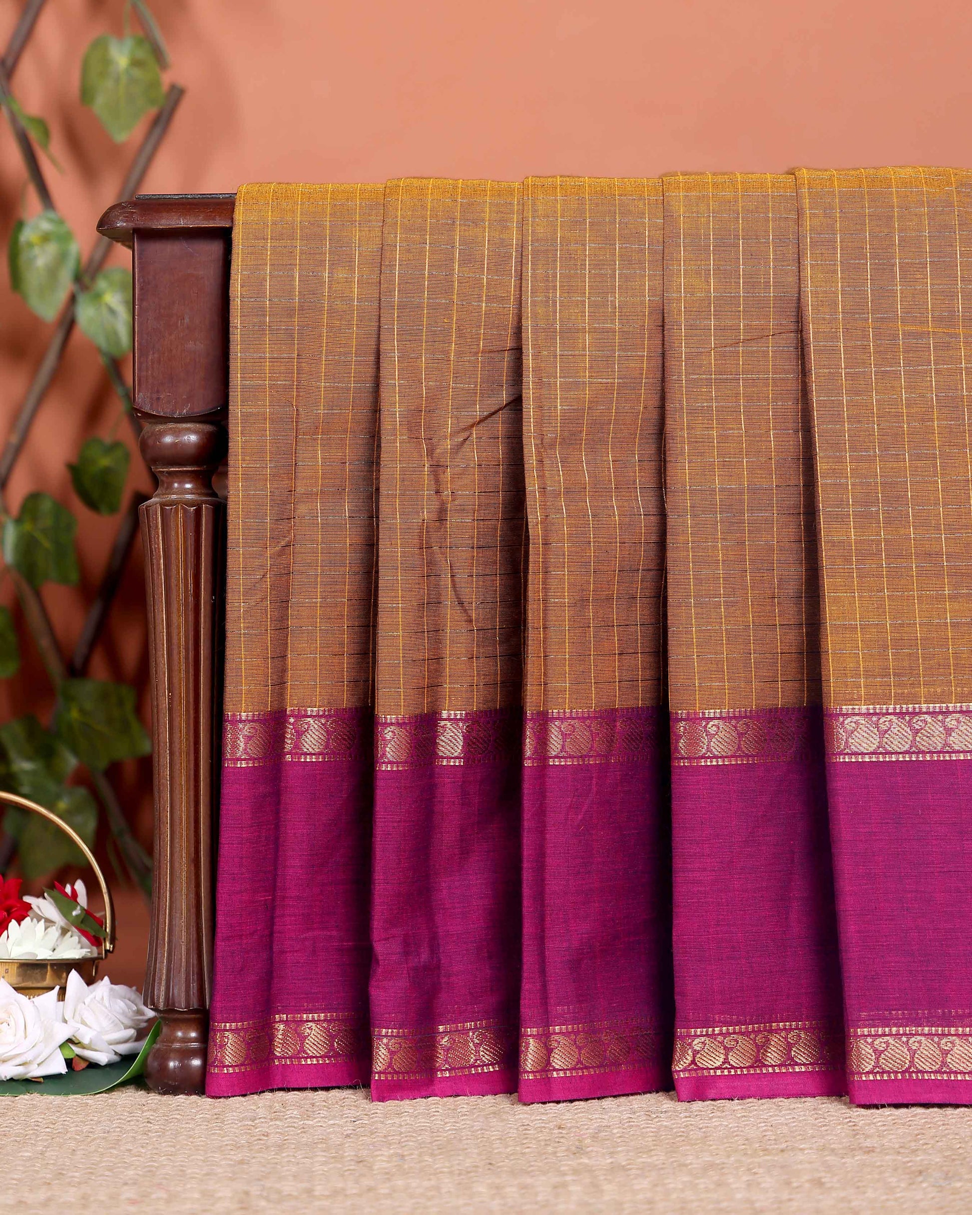 Traditional Chettinad Cotton Saree with Grid Pattern and Contrast Border - Brown
