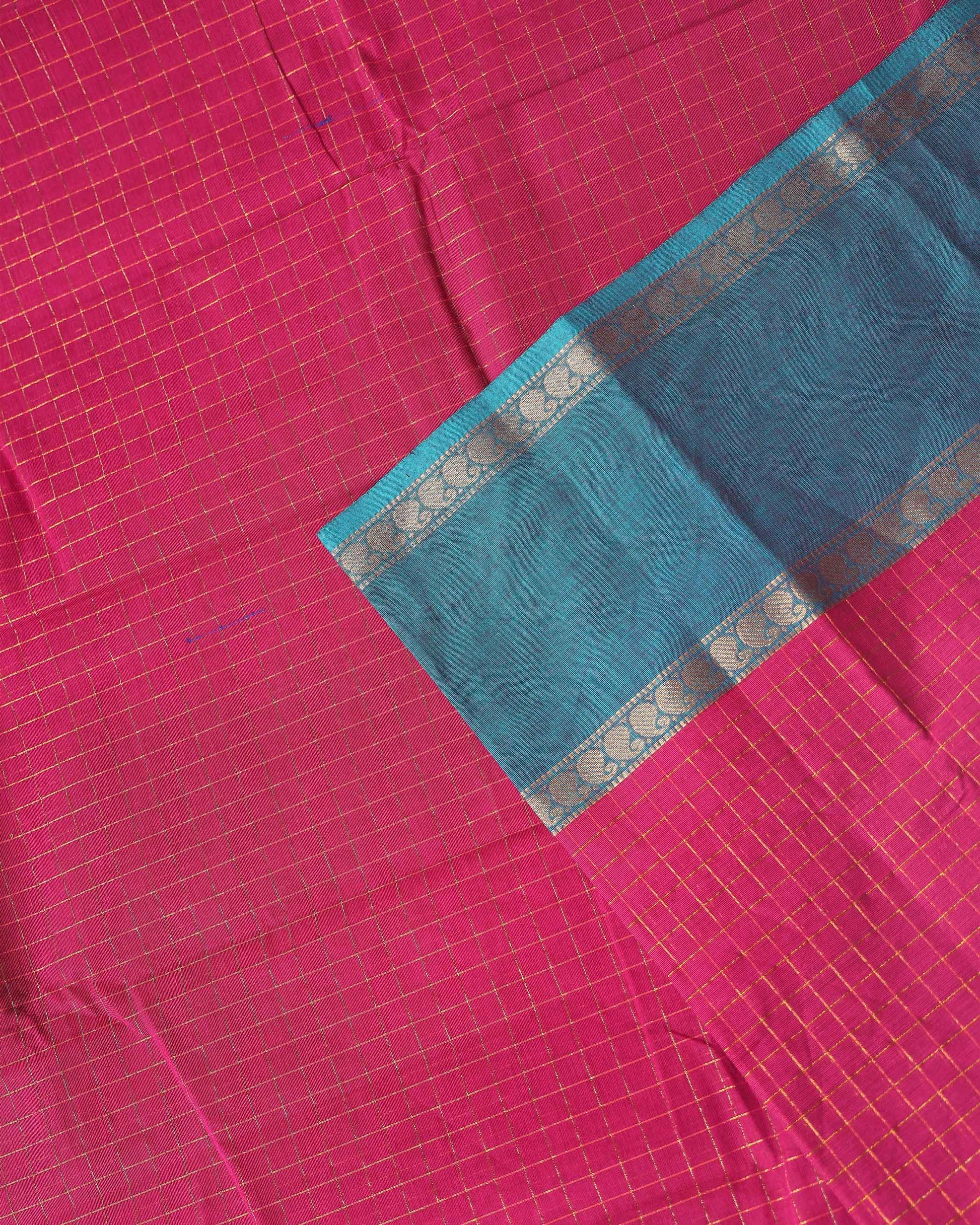 Traditional Chettinad Cotton Saree with Grid Pattern and Contrast Border - Dark Pink-Close