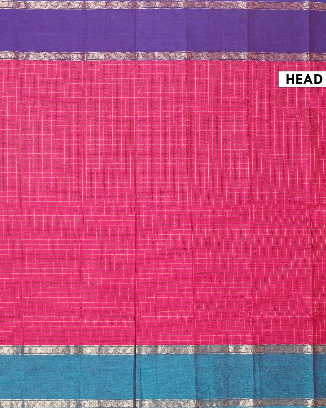 Traditional Chettinad Cotton Saree with Grid Pattern and Contrast Border - Dark Pink