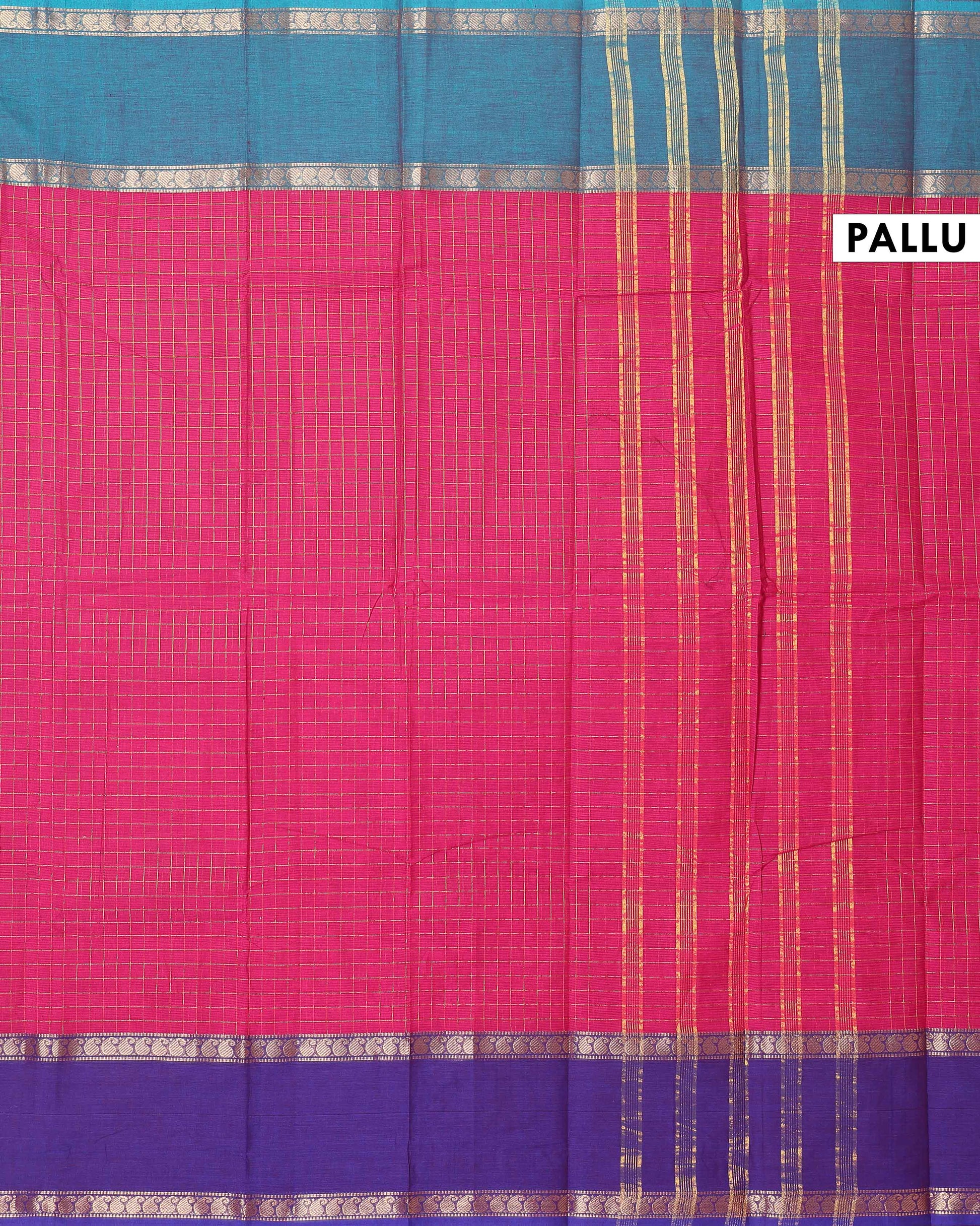 Traditional Chettinad Cotton Saree with Grid Pattern and Contrast Border - Dark Pink-Pallu
