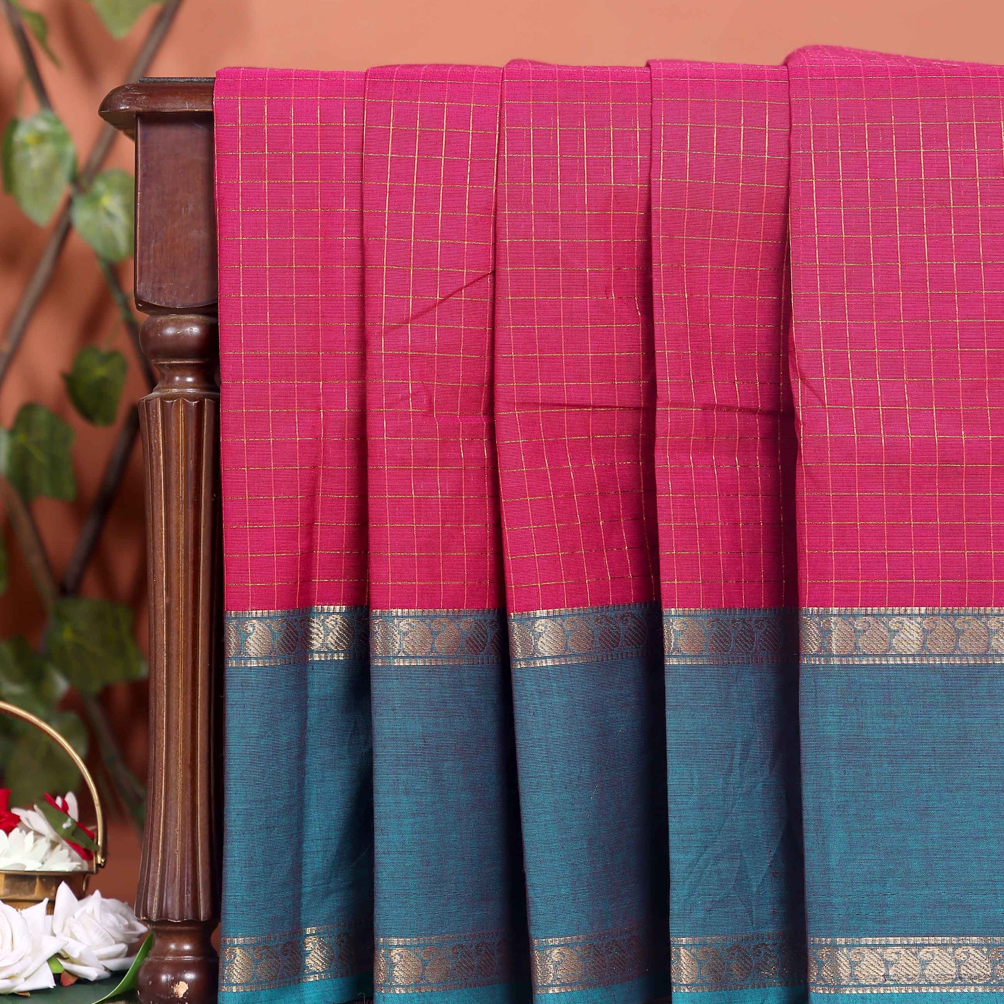 Traditional Chettinad Cotton Saree with Grid Pattern and Contrast Border - Dark Pink
