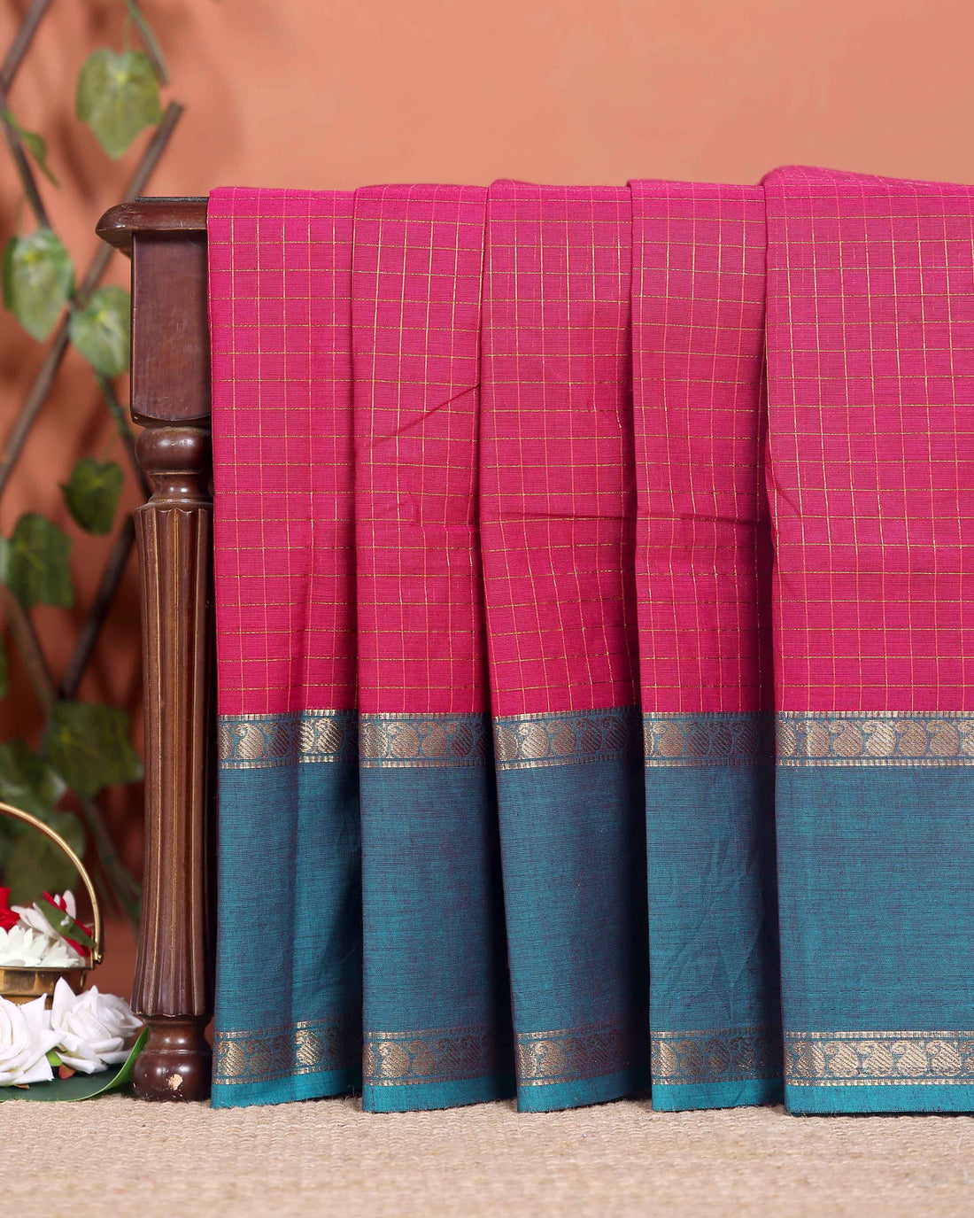 Traditional Chettinad Cotton Saree with Grid Pattern and Contrast Border - Dark Pink