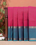 Traditional Chettinad Cotton Saree with Grid Pattern and Contrast Border - Dark Pink