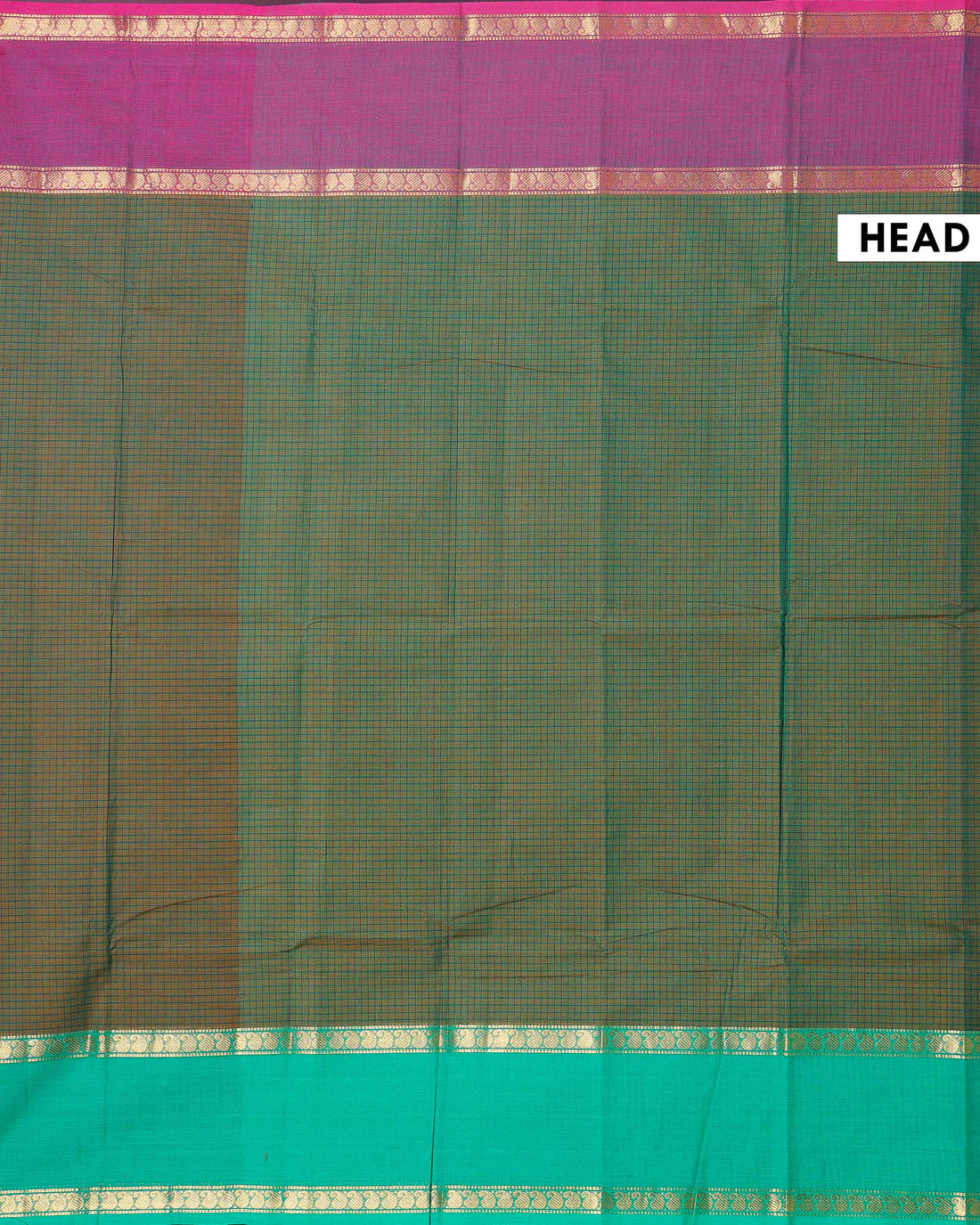 Traditional Chettinad Cotton Saree with Grid Pattern and Contrast Border - Green