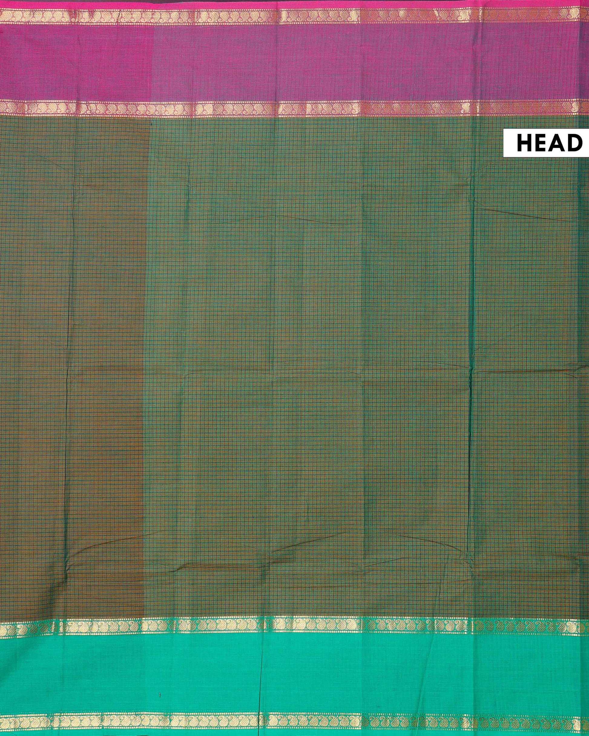 Traditional Chettinad Cotton Saree with Grid Pattern and Contrast Border - Green-Head