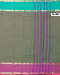 Traditional Chettinad Cotton Saree with Grid Pattern and Contrast Border - Green-Pallu