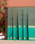 Traditional Chettinad Cotton Saree with Grid Pattern and Contrast Border - Green