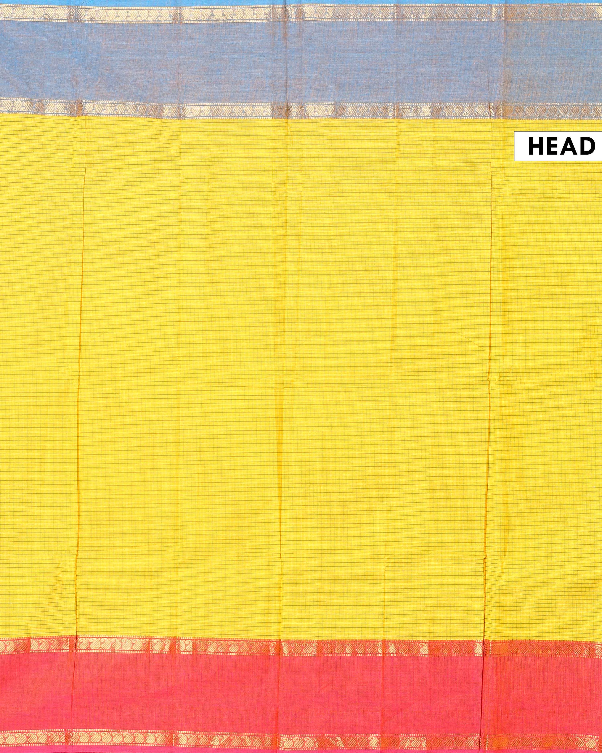 Traditional Chettinad Cotton Saree with Grid Pattern and Contrast Border - Yellow-Head