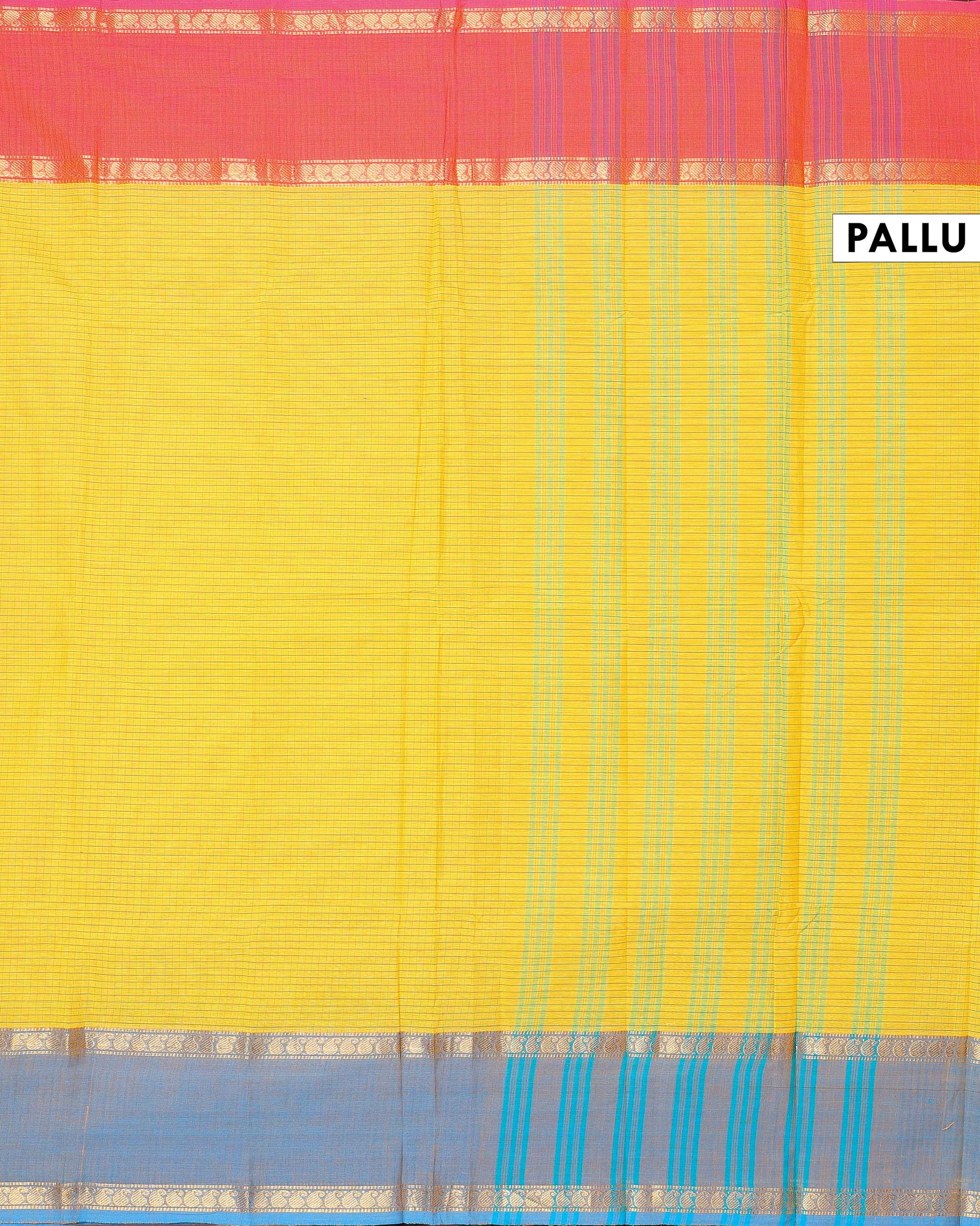 Traditional Chettinad Cotton Saree with Grid Pattern and Contrast Border - Yellow-Pallu